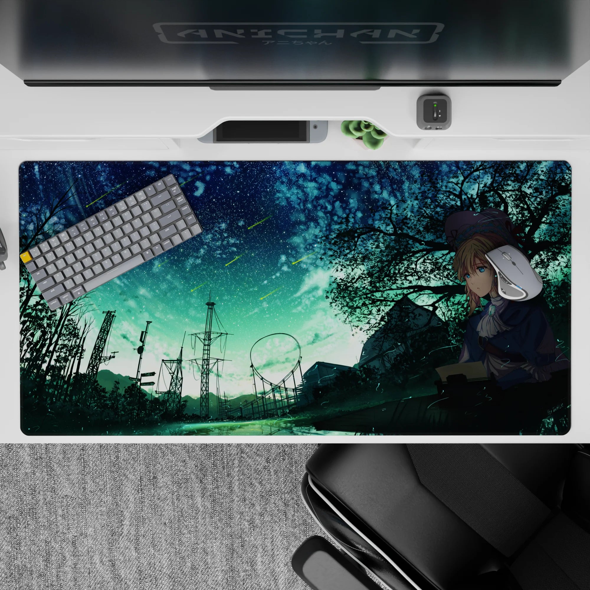 40x20 inches desk pad in teal and midnight blues, cozy lonely nightscape with bright meteor streaks.