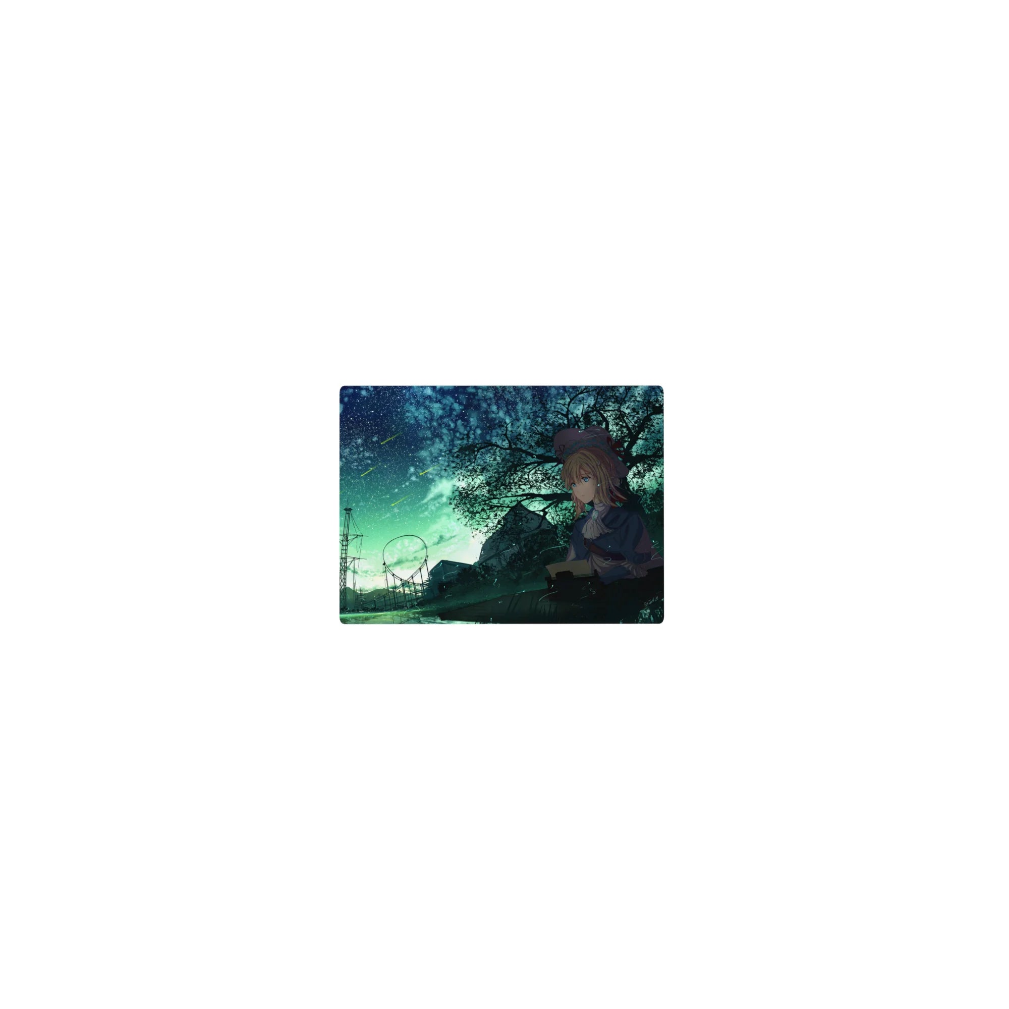 Classic anime girl mouse pad 14x10 inches with meteor night sky, trees, towers, and distant ride track.