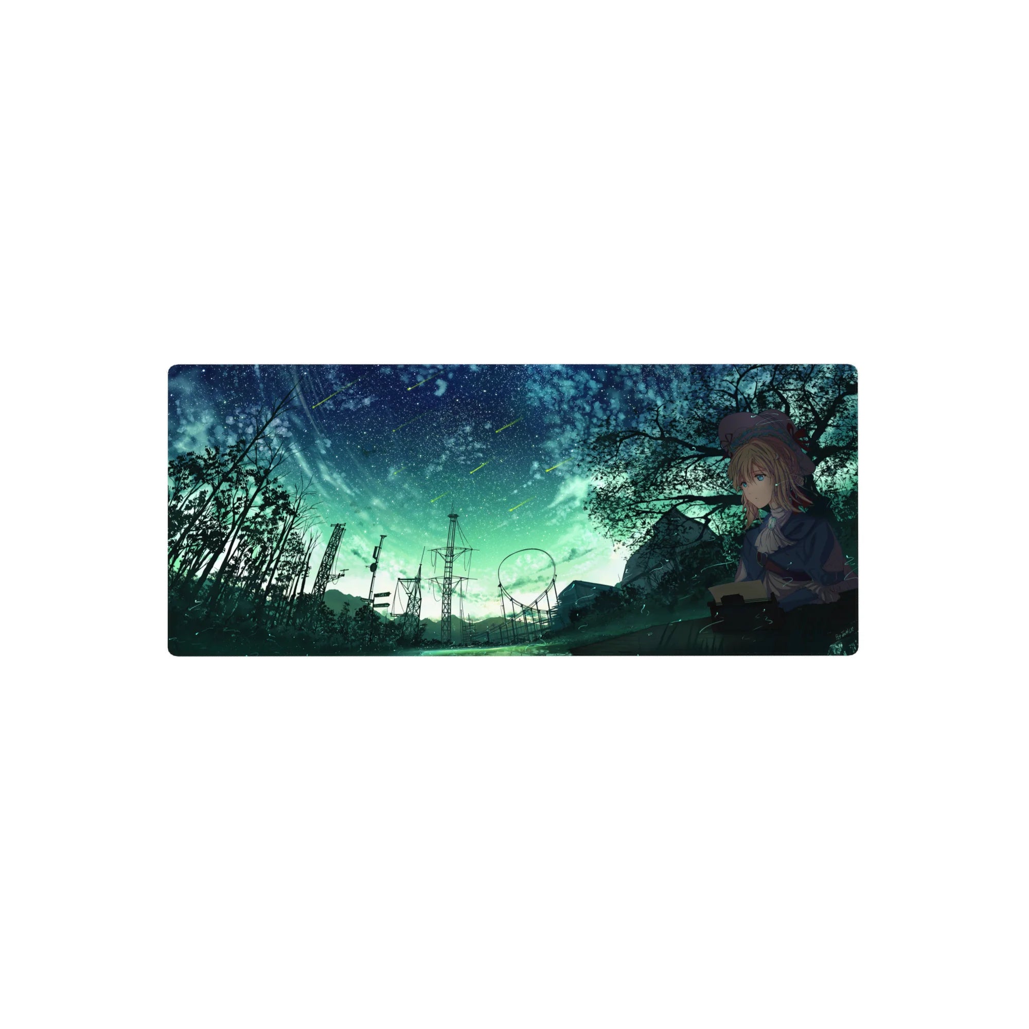 Anime girl mouse pad 28x12 inches with meteor night sky, trees, power towers, and distant ride track.