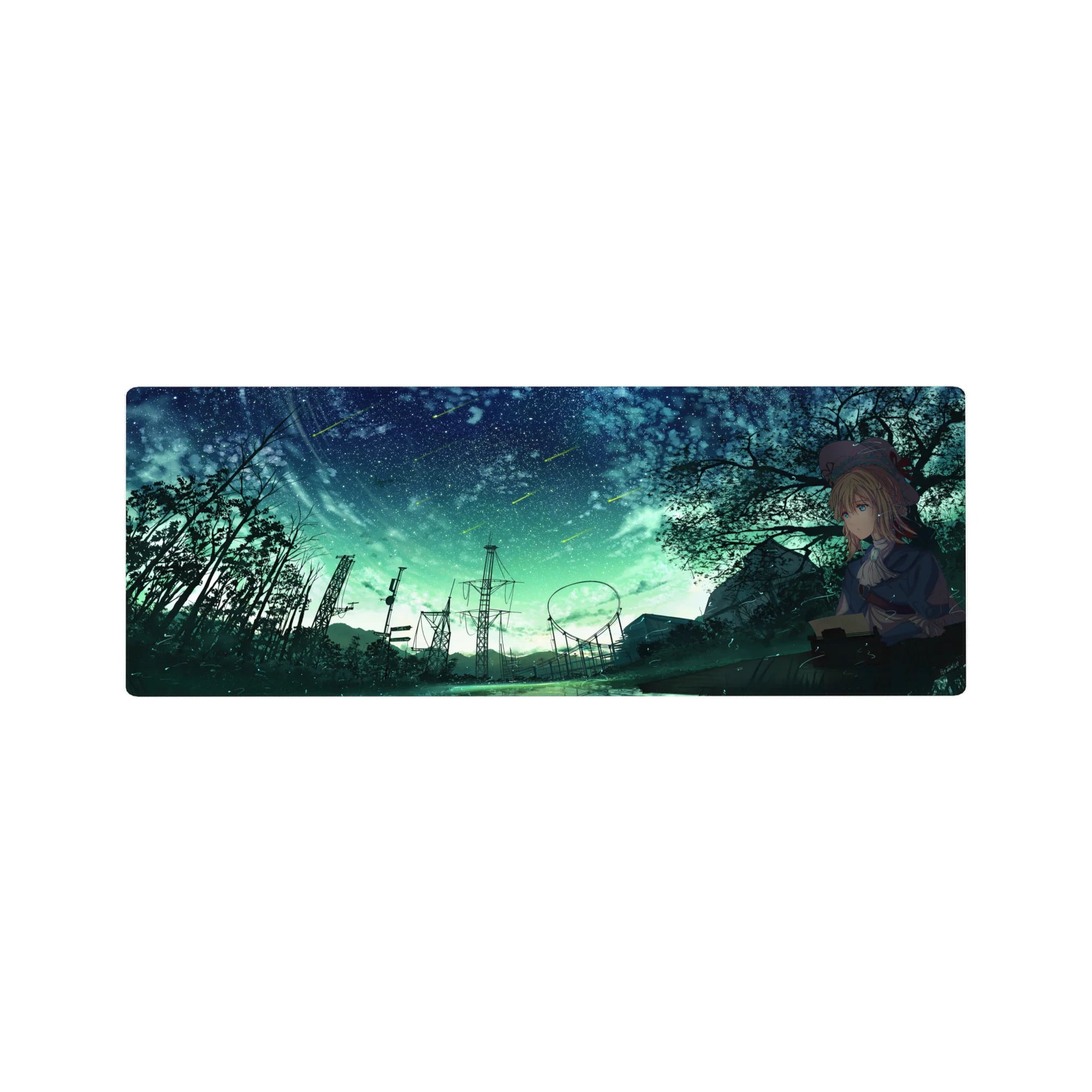 Anime girl mouse pad 32x12 inches with meteor night sky, trees, power towers, and distant ride track.