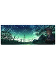 Anime girl mouse pad 32x12 inches with meteor night sky, trees, power towers, and distant ride track.