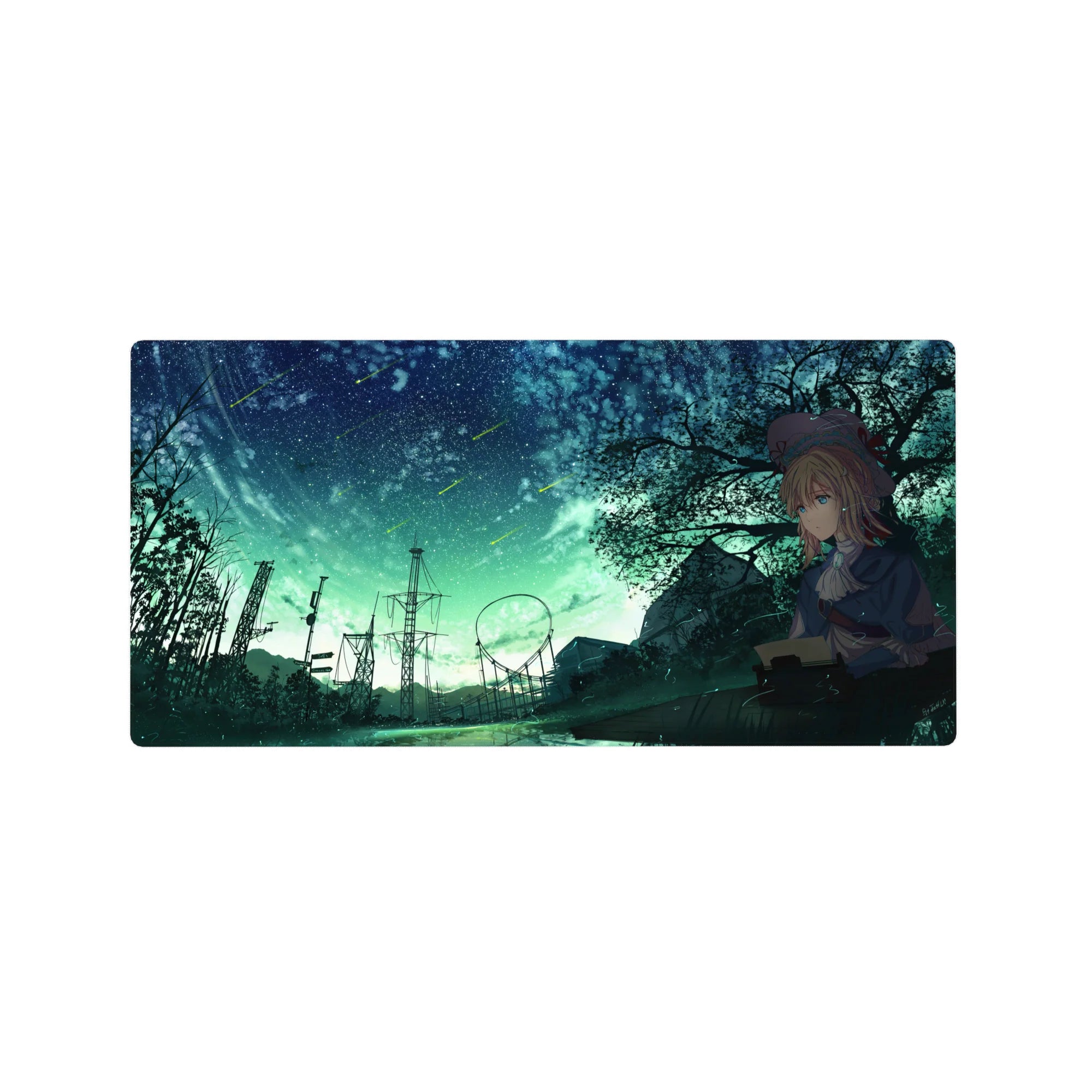 32x16 inches anime girl mouse pad with teal night sky, meteors, trees, power towers, and distant ride track.