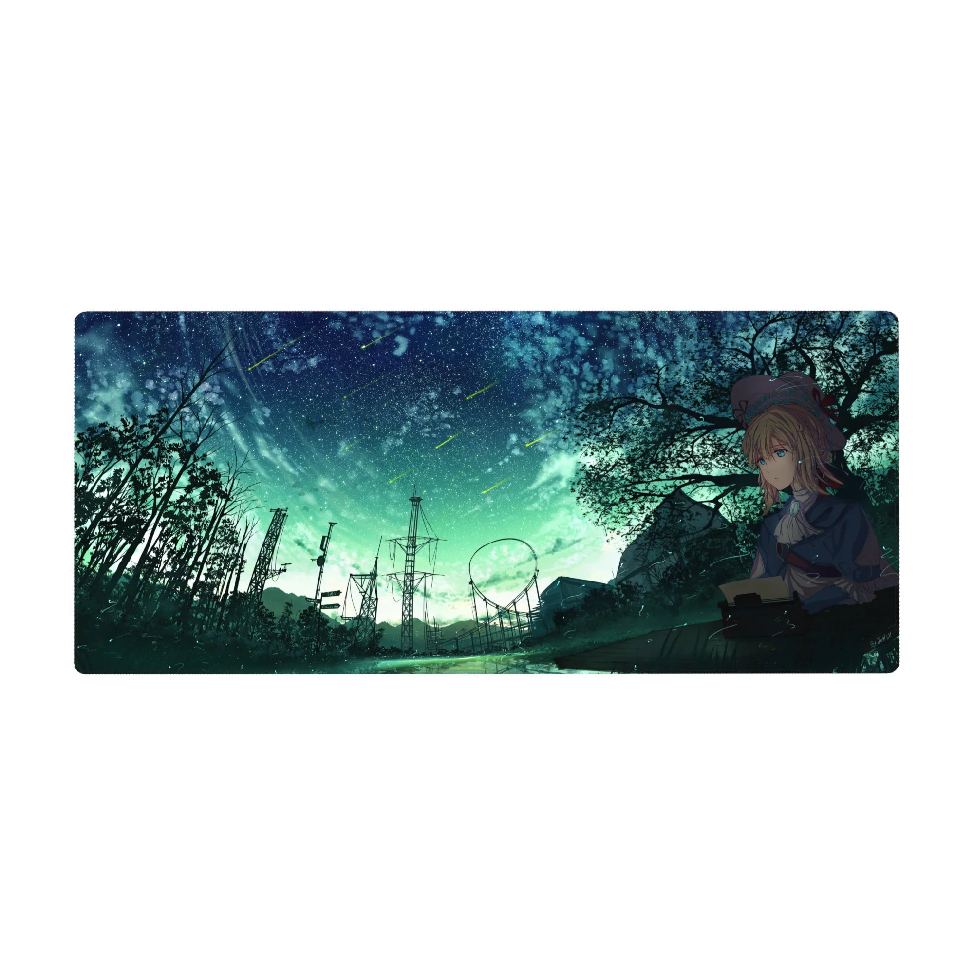 Teal nightscape anime girl desk pad 36x16 inches with meteors, trees, power towers, and ride track.