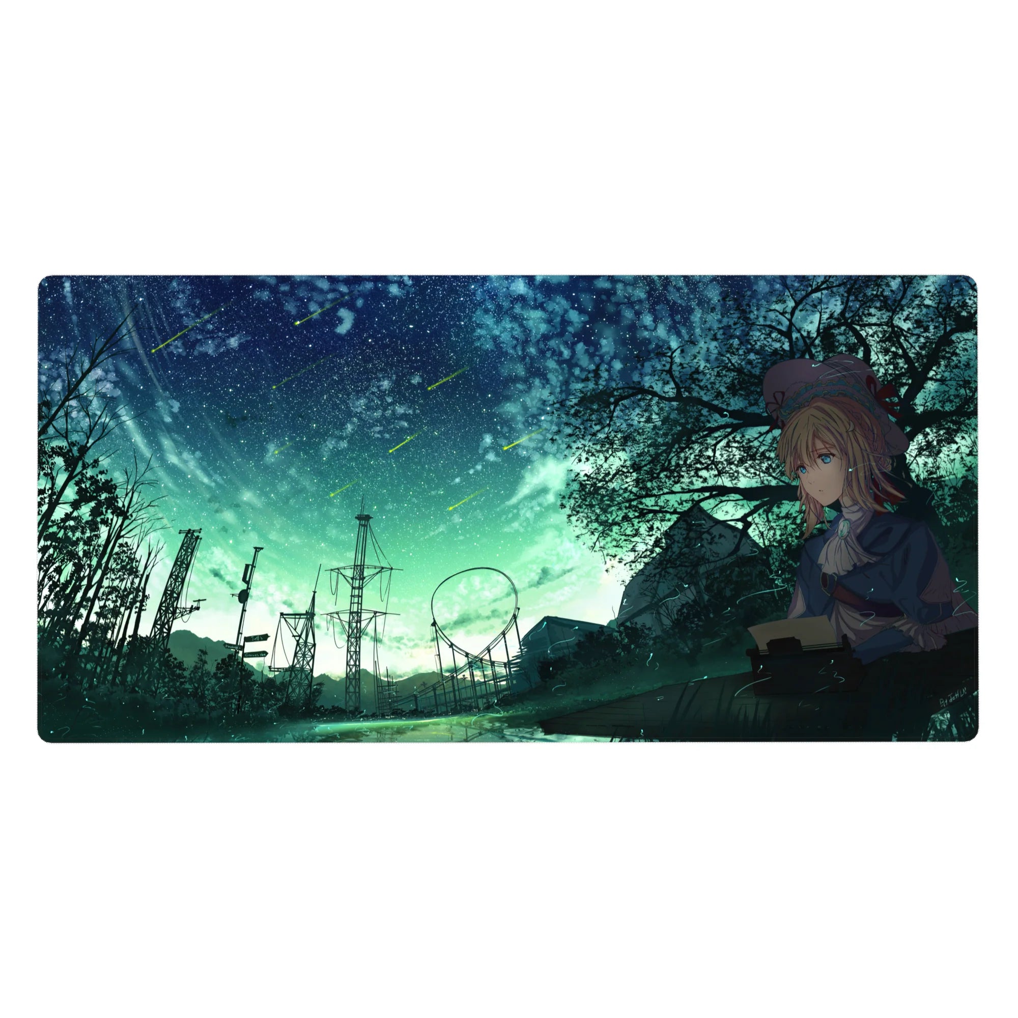 40x20 inches anime girl desk pad with meteor night sky, trees, power towers, and distant loop track.