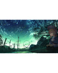 40x20 inches anime girl desk pad with meteor night sky, trees, power towers, and distant loop track.