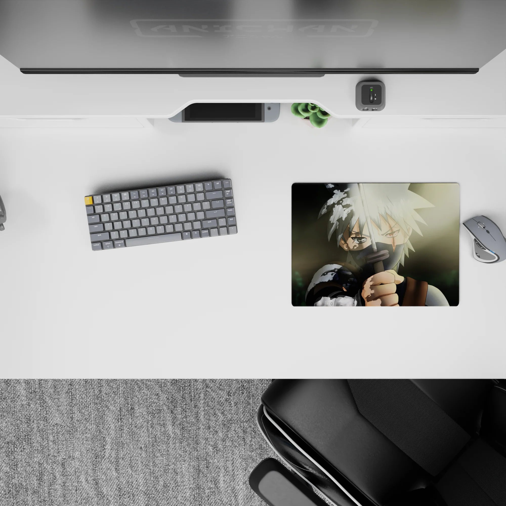 Anime mouse pad 14x10 inches in smoky greens with soft sunlight flare, gritty shading, and crisp white hair highlights.