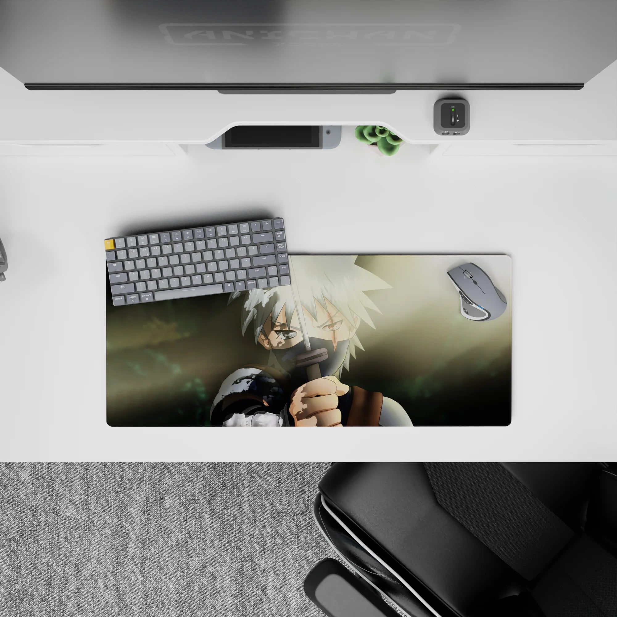 28x12 inches anime mouse pad in smoky greens and warm sun flare, hand-painted shadows and crisp highlights.