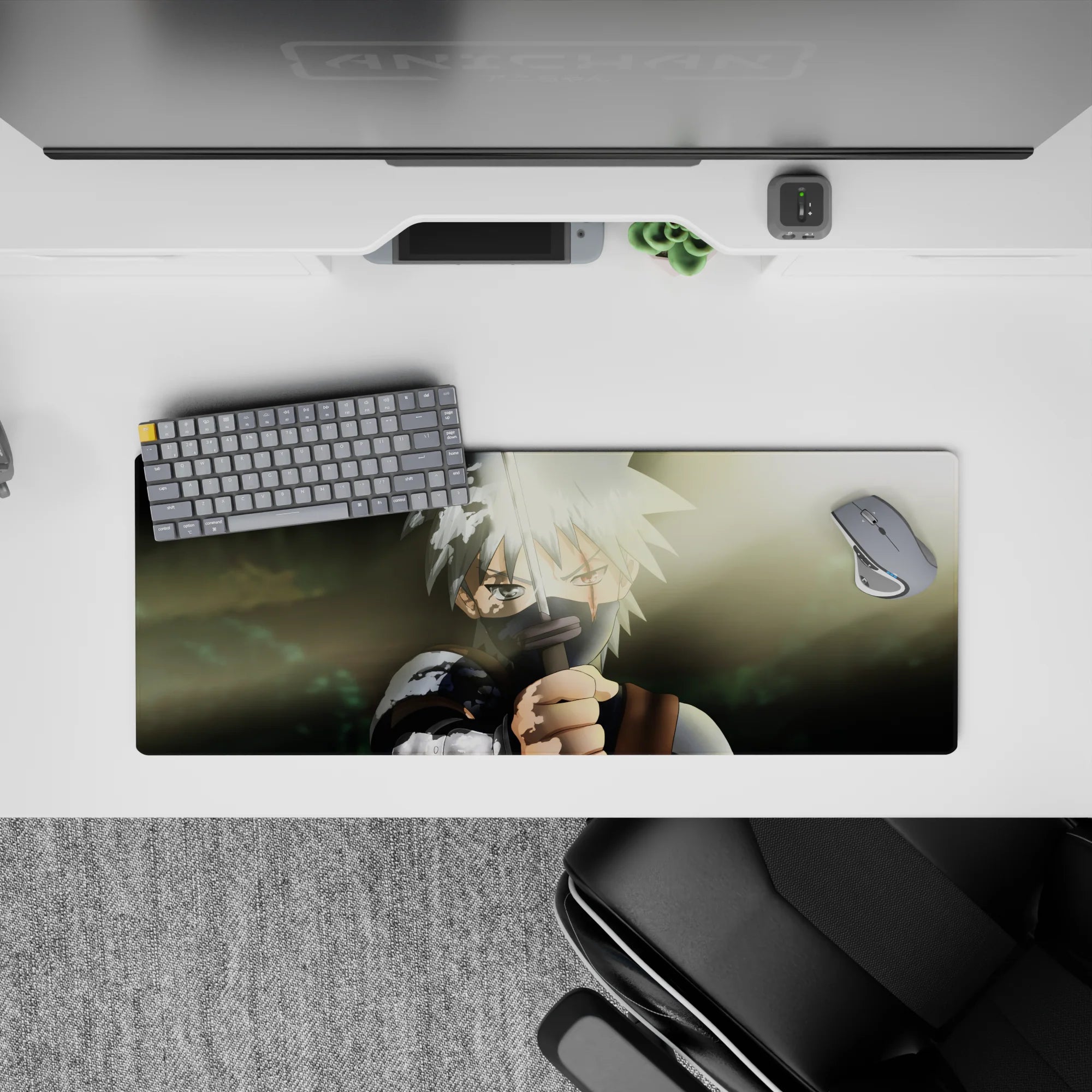 32x12 inches anime desk mouse pad in smoky greens with soft sun flare and crisp white hair highlights.
