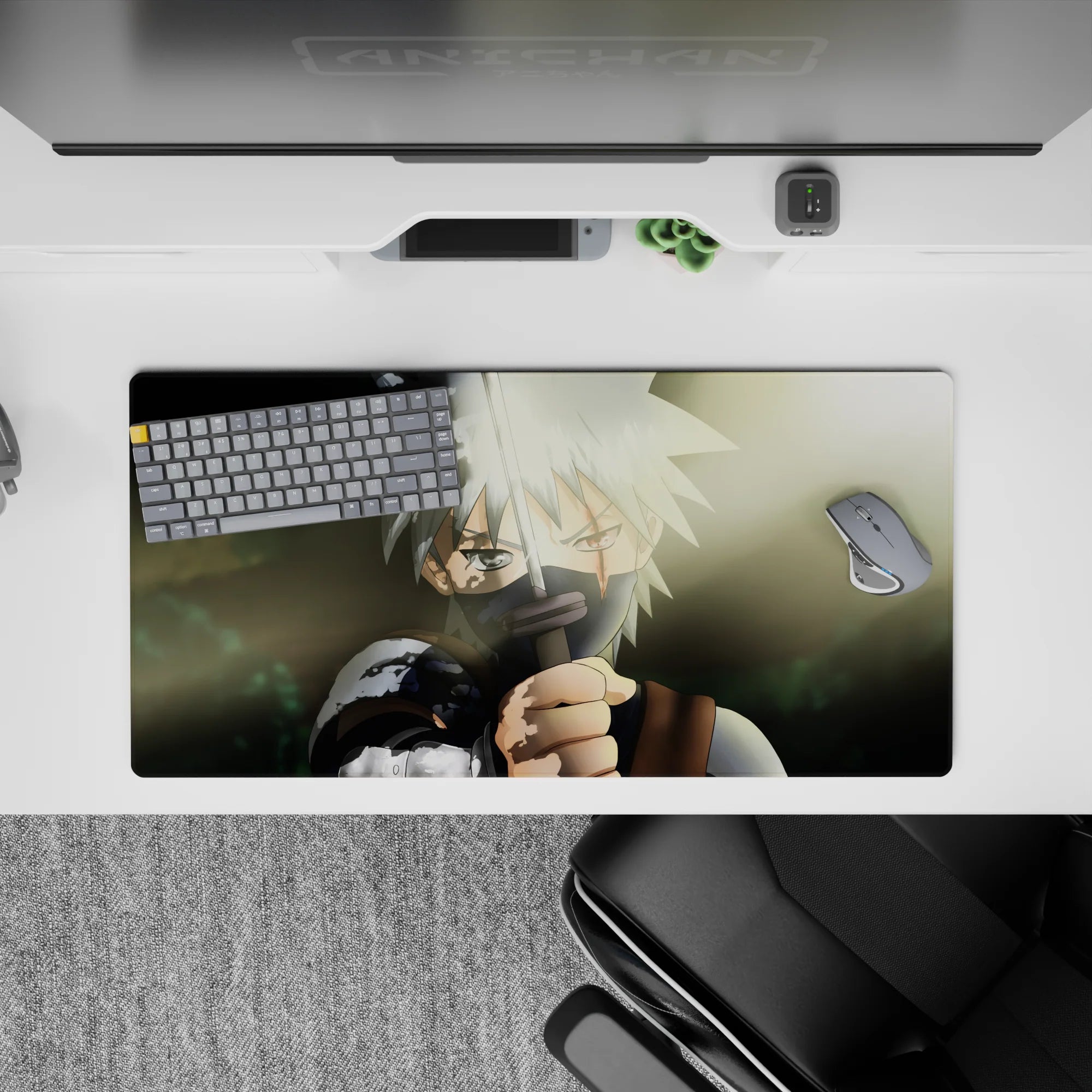 Green smoky anime mouse pad 32x16 inches with soft sun flare, gritty shadows, calm showdown mood.