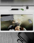 Green smoky anime mouse pad 32x16 inches with soft sun flare, gritty shadows, calm showdown mood.