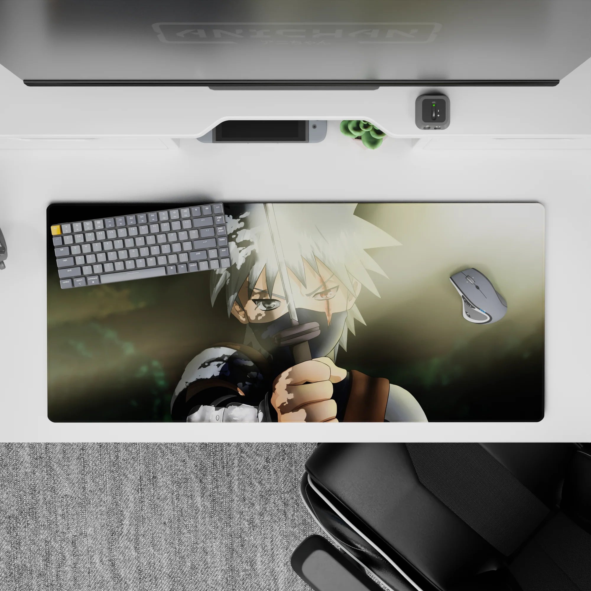 Moody 36x16 inches anime desk pad in smoky greens with soft sun flare, gritty shadows, and hand-painted feel.
