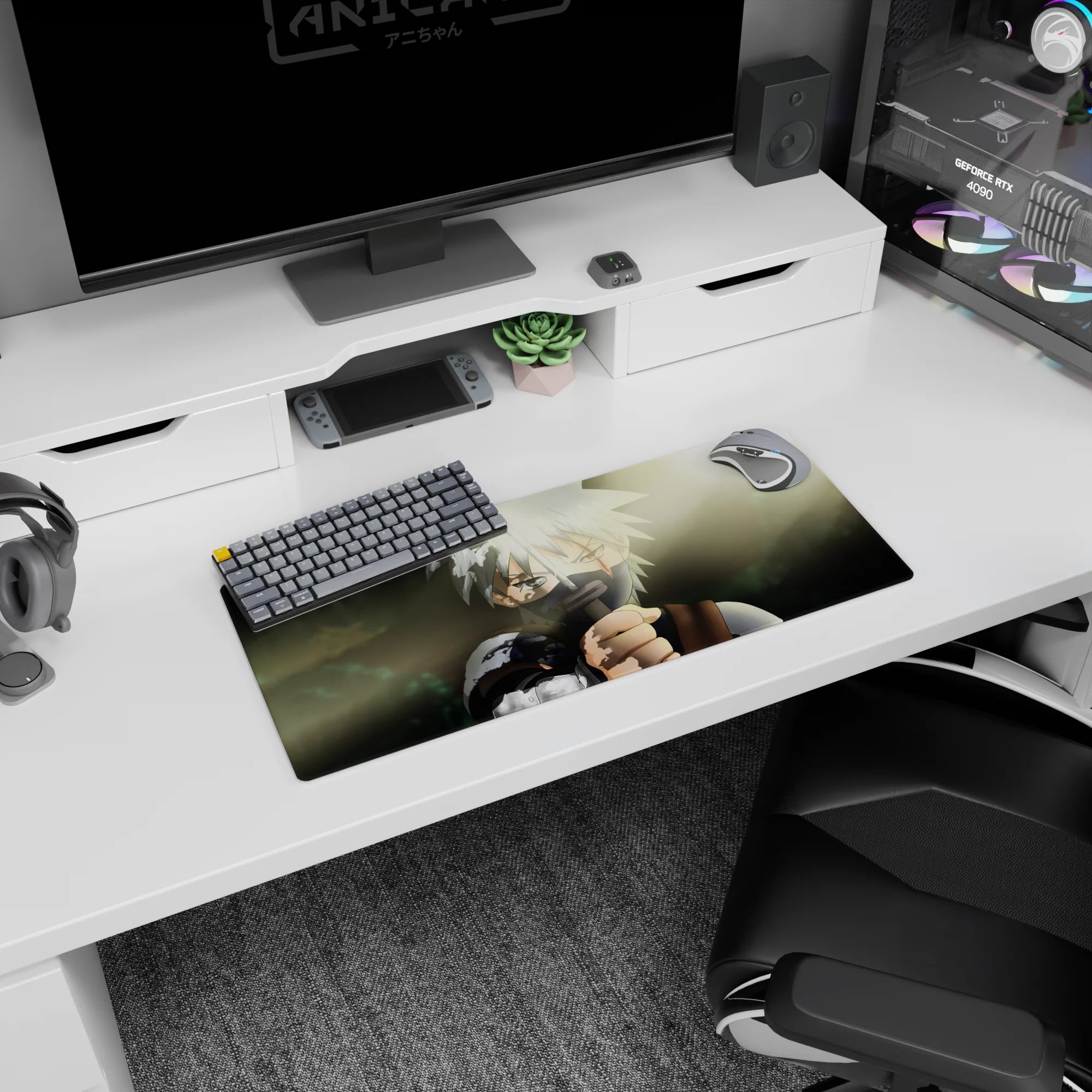 28x12 inches Naruto mouse pad featuring Kakashi Hatake raising his blade, calm masked stare in a quiet showdown.
