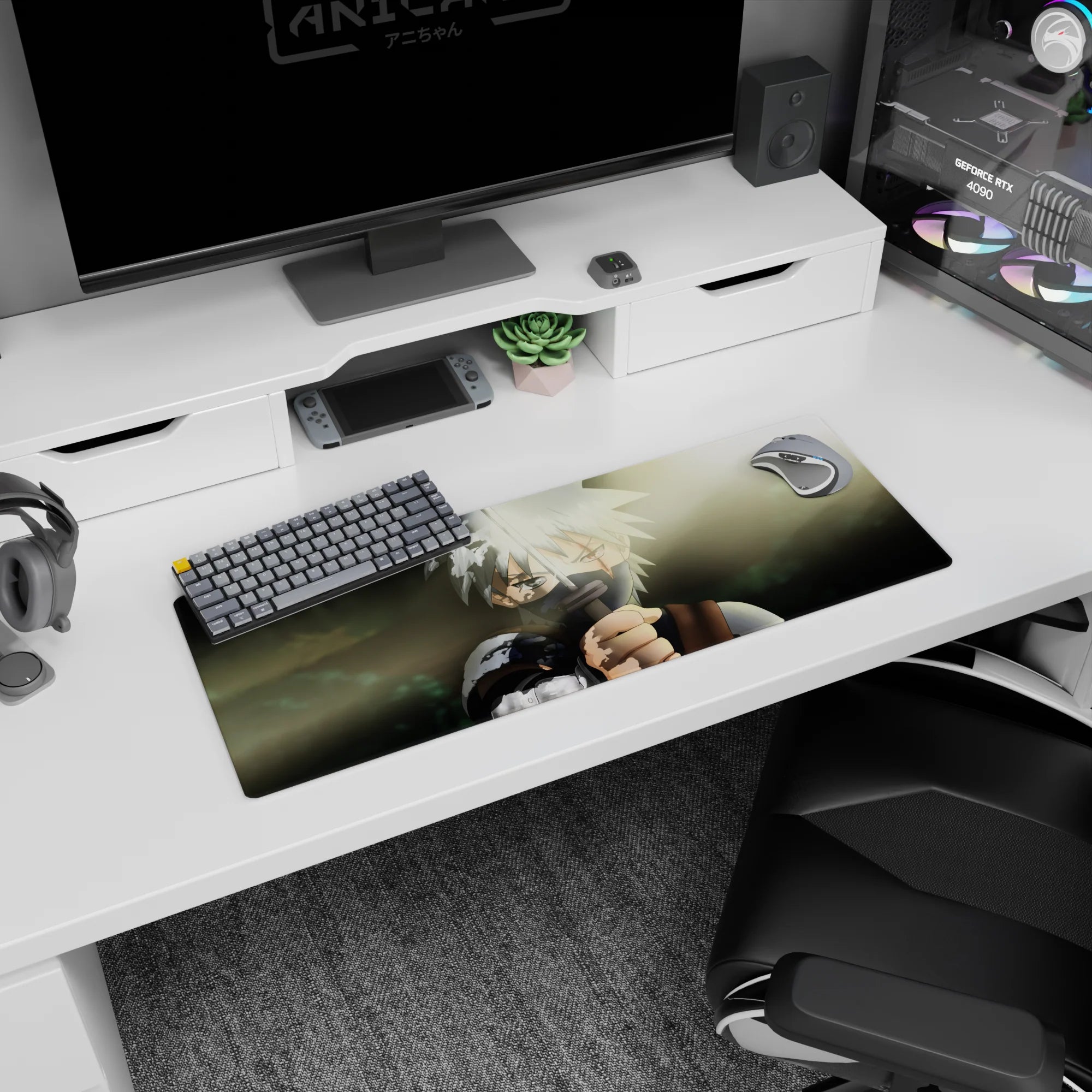 32x12 inches Naruto mouse pad featuring Kakashi Hatake raising his blade, calm and intimidating standoff.