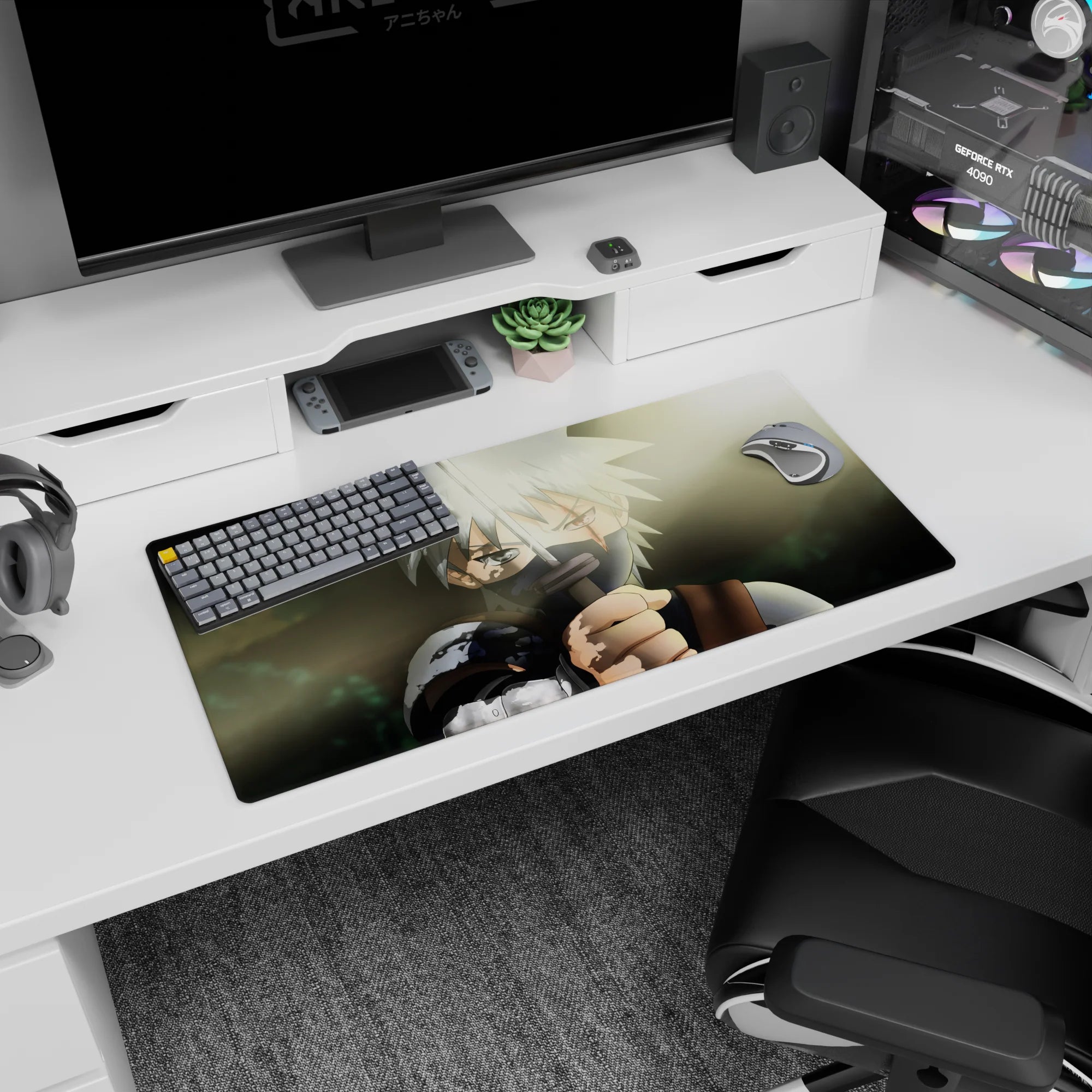 Kakashi Hatake from Naruto on anime mouse pad 32x16 inches, raising blade with white hair and dark mask.