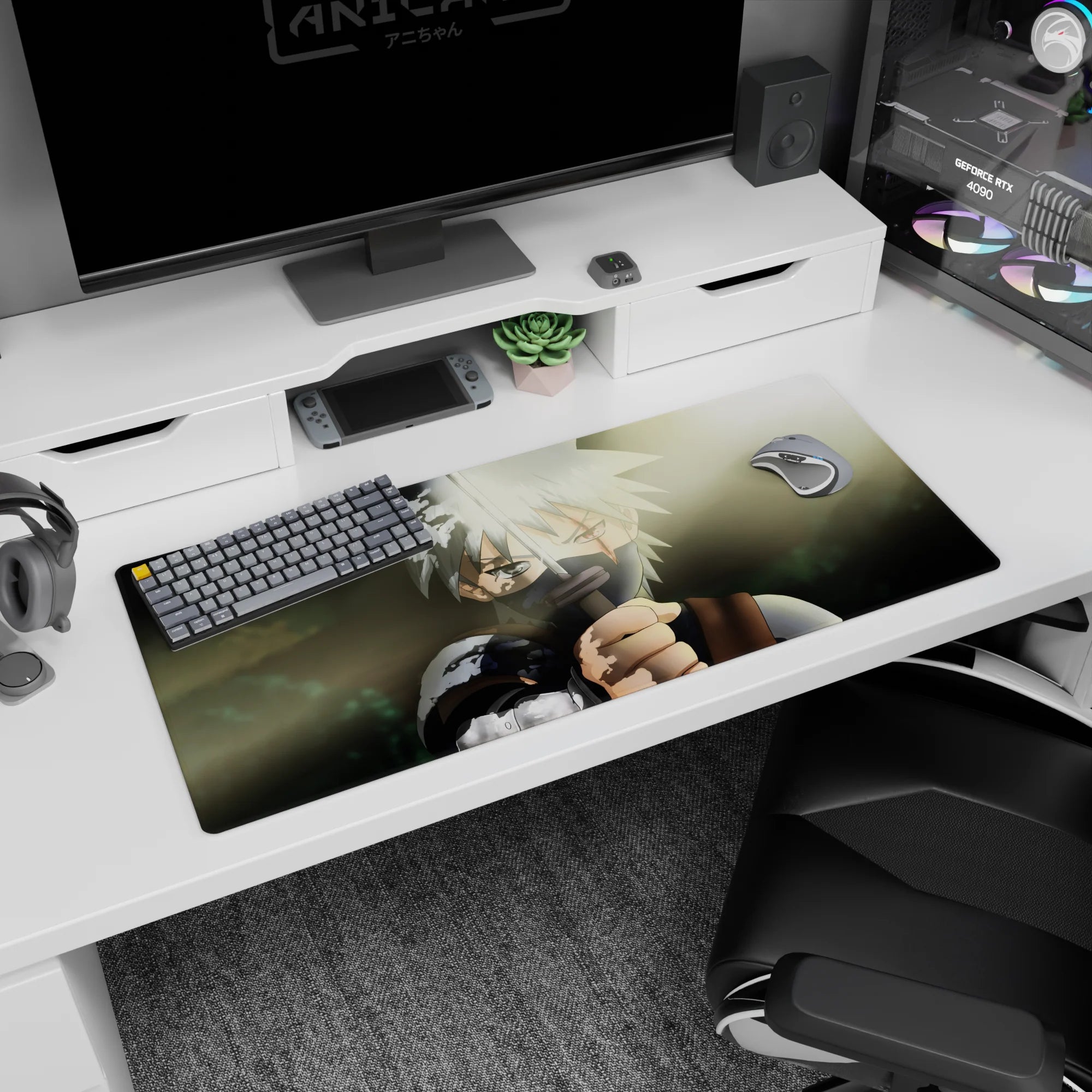 Kakashi Hatake Naruto desk pad 36x16 inches, masked ninja raising blade, calm stare, white hair against dark armor.