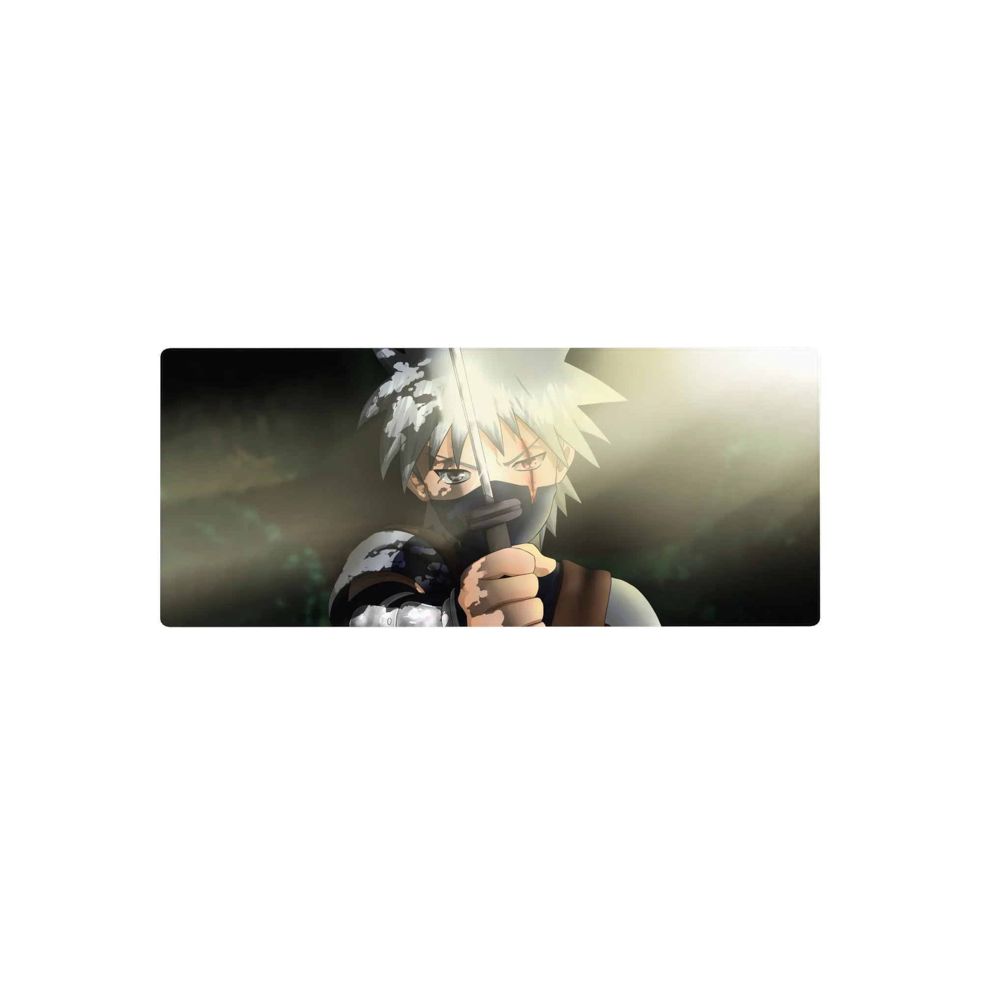 28x12 inches anime mouse pad with Kakashi-style ninja artwork, sun flare duel scene for desk setup.