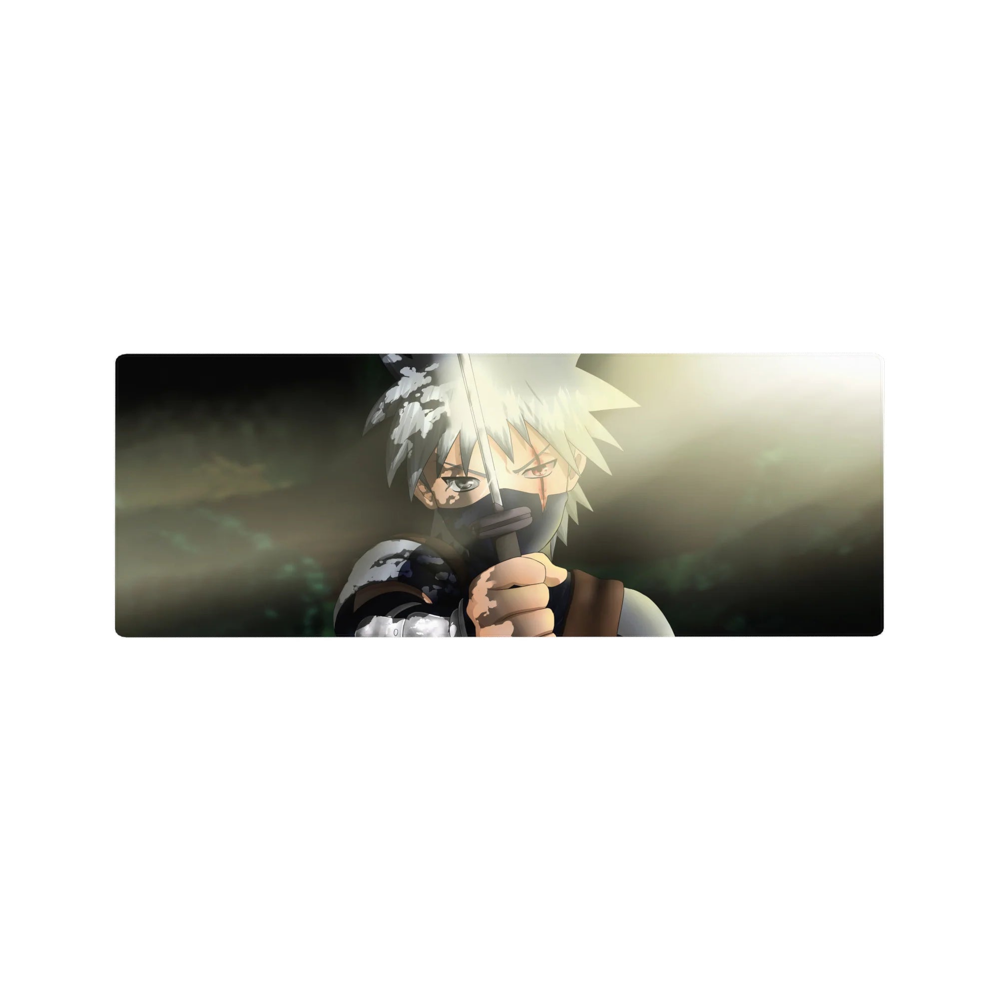 32x12 inches anime mouse pad with masked swordsman, sun flare backdrop, hand-painted gritty shadows.