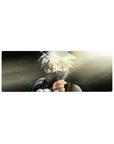 32x12 inches anime mouse pad with masked swordsman, sun flare backdrop, hand-painted gritty shadows.