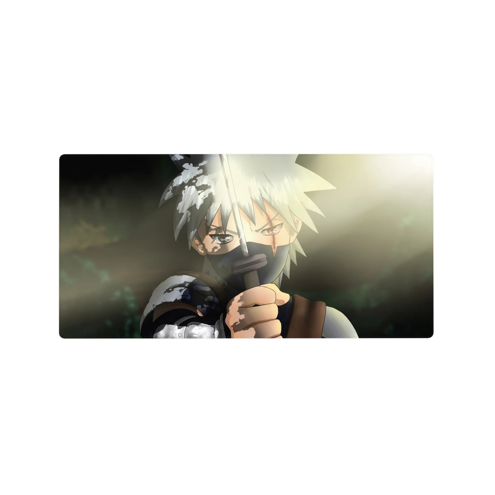 Anime mouse pad 32x16 inches with masked ninja swordsman, sun flare backdrop, hand-painted shadow detail.