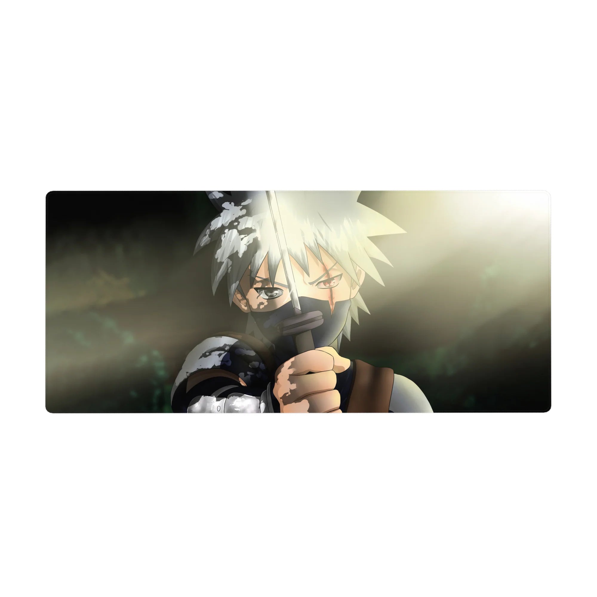 Anime desk pad 36x16 inches with detailed ninja showdown art, sun flare, smoky greens, and crisp highlights.