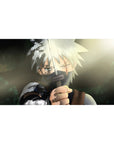 40x20 inches anime desk pad with Kakashi blade pose, sun flare, smoky greens, and hand-painted shadows.