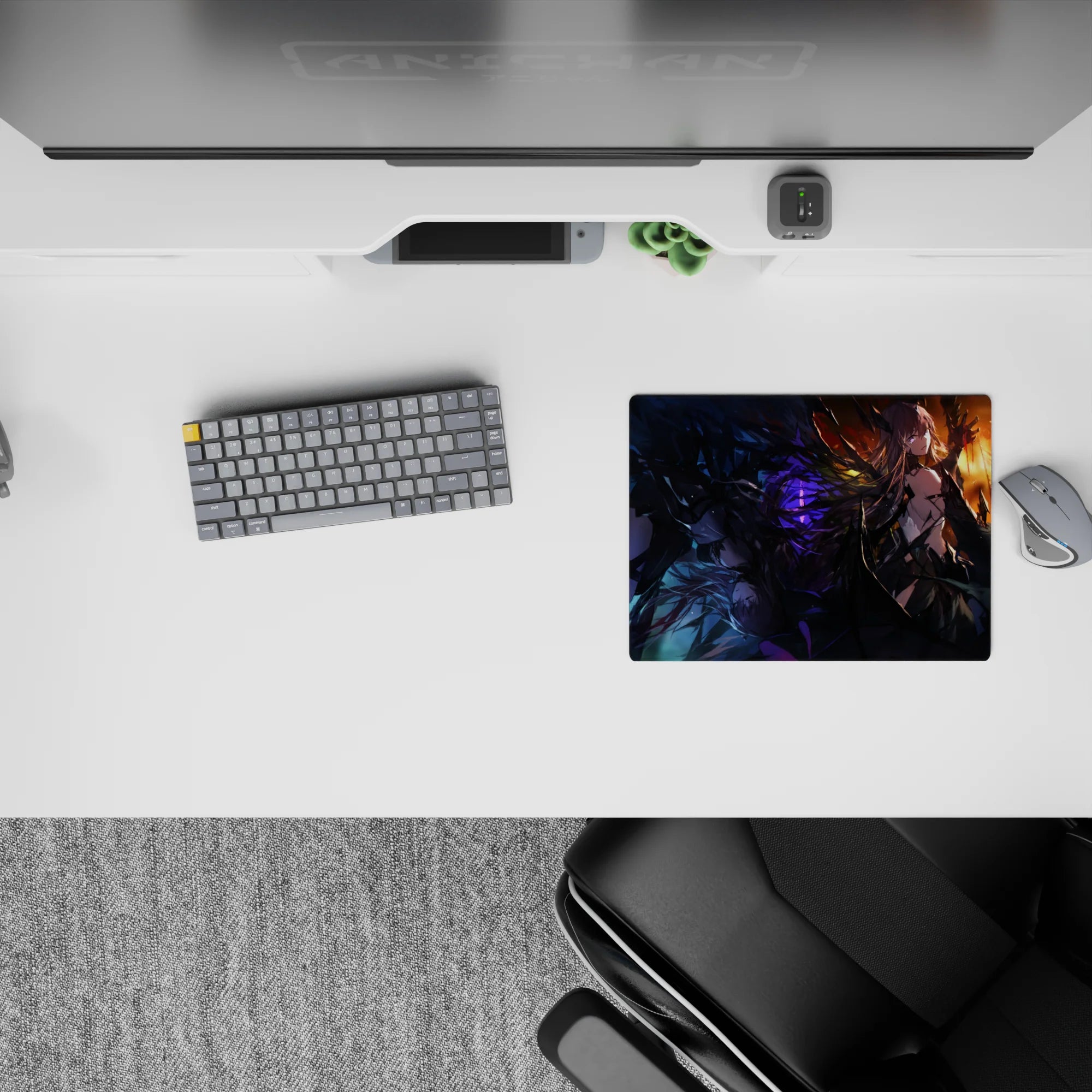 Dark glam anime mouse pad 14x10 inches in smoky blacks with electric purples and molten orange glow.