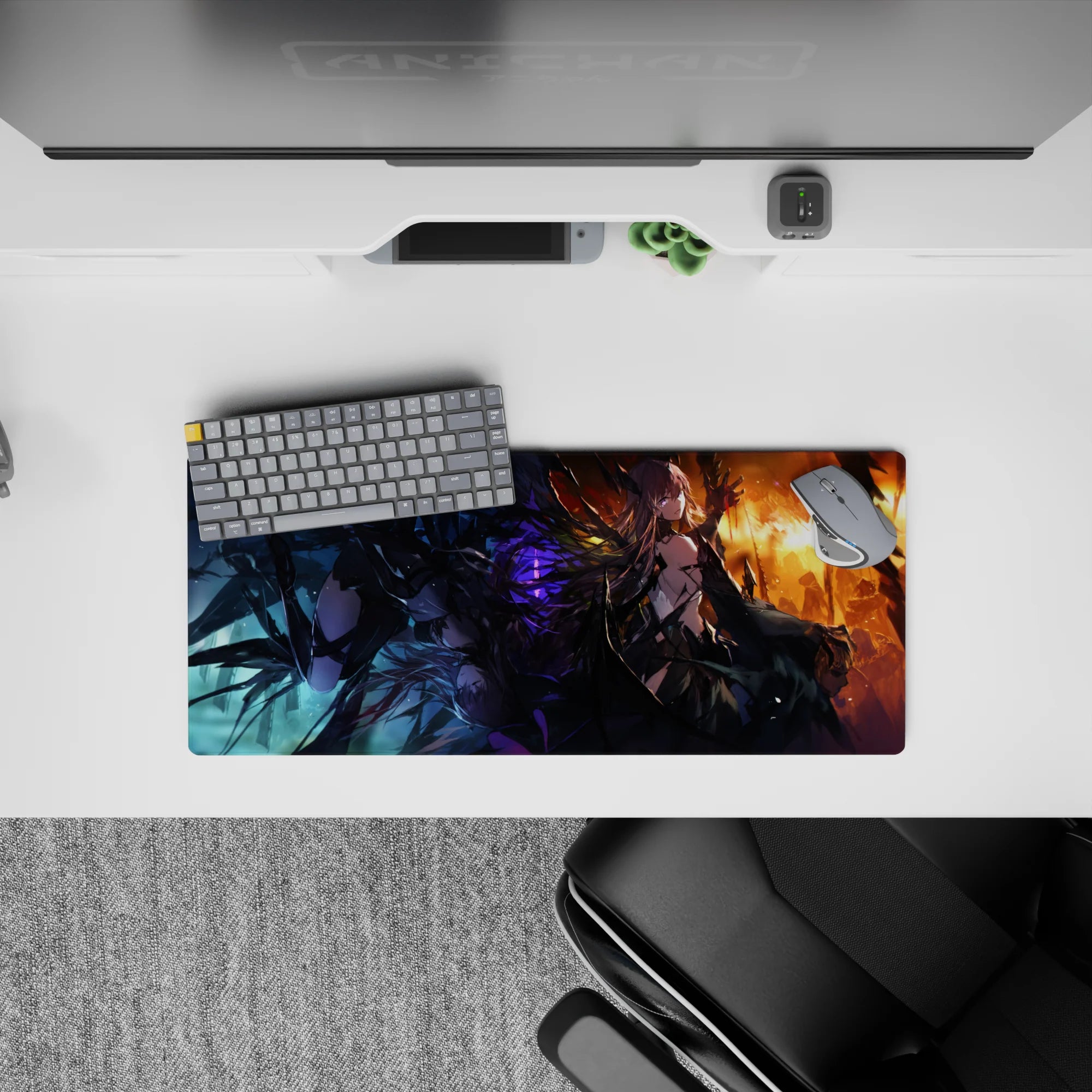 Purple-and-black anime girl mouse pad with molten orange sunset glow, dark glam mood, 28x12 inches.