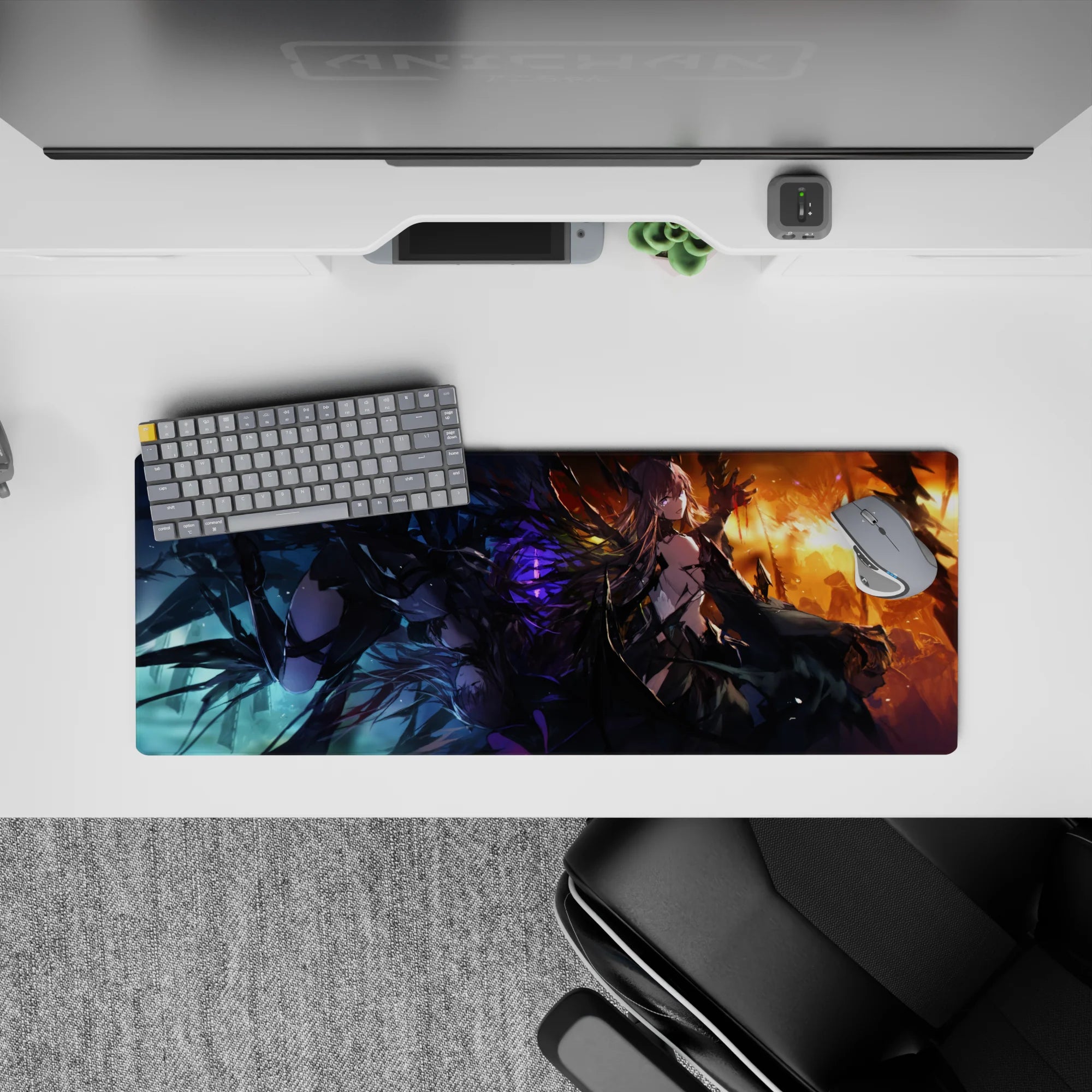 32x12 inches anime girl mouse pad in electric purples, smoky blacks, and molten sunset orange glow.