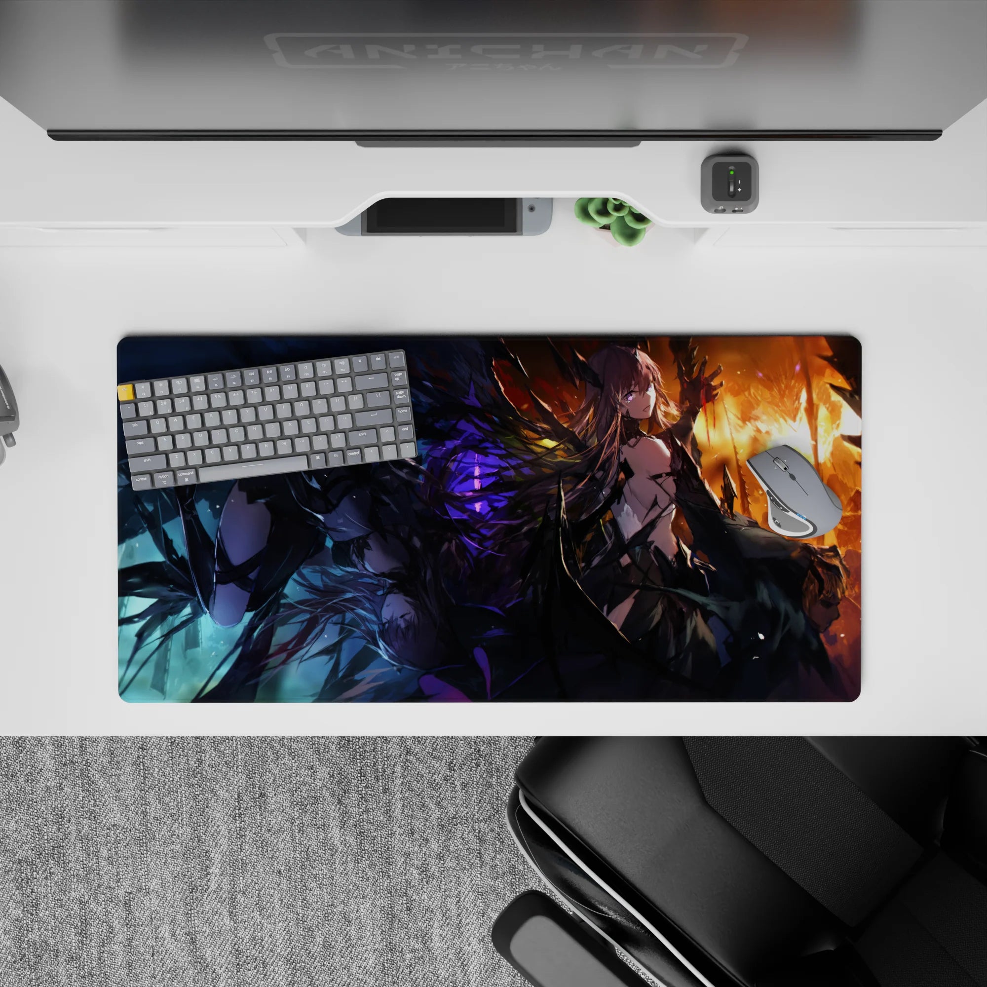 Dark glam anime girl mouse pad 32x16 inches in electric purple, smoky black, and fiery orange glow.