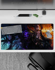 Dark glam anime girl mouse pad 32x16 inches in electric purple, smoky black, and fiery orange glow.