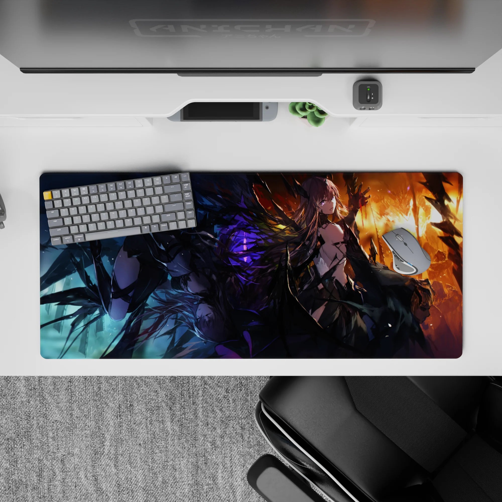 Purple-and-black anime desk pad 36x16 inches with fiery orange glow, edgy fallen-angel mood, dramatic vibe.