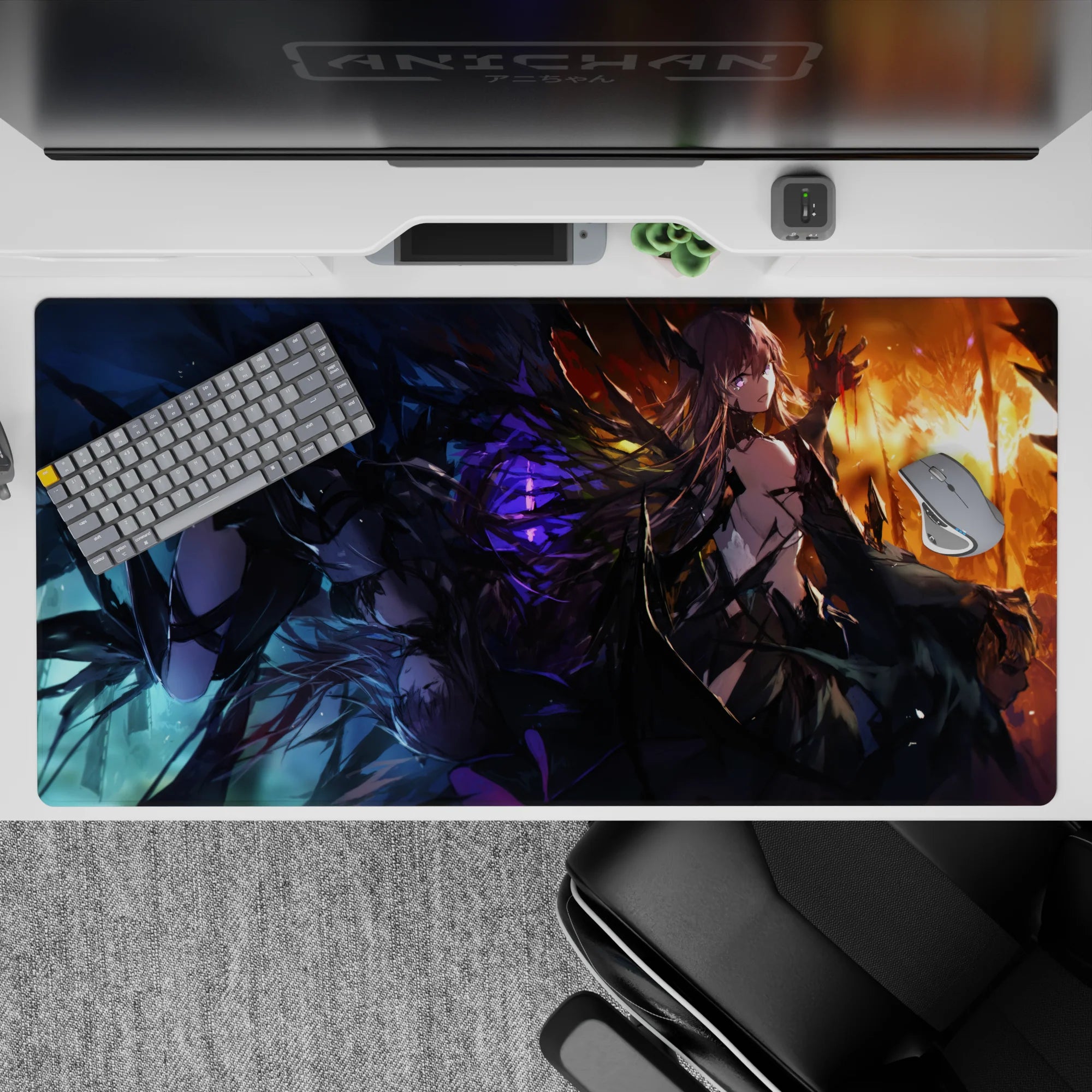 Dark glam anime desk pad 40x20 inches in electric purples, smoky blacks, and molten orange sunset glow.