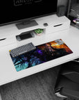 Sly smirking anime girl with shard-like wings casting a fiery spell backdrop on mouse pad, 28x12 inches.