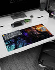 Fallen-angel anime girl smirking on a 32x16 inches mouse pad, wings of feather shards behind her.
