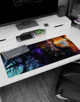 Sly fallen-angel anime girl smirking on desk pad 36x16 inches, with feather shards and spellfire behind her.