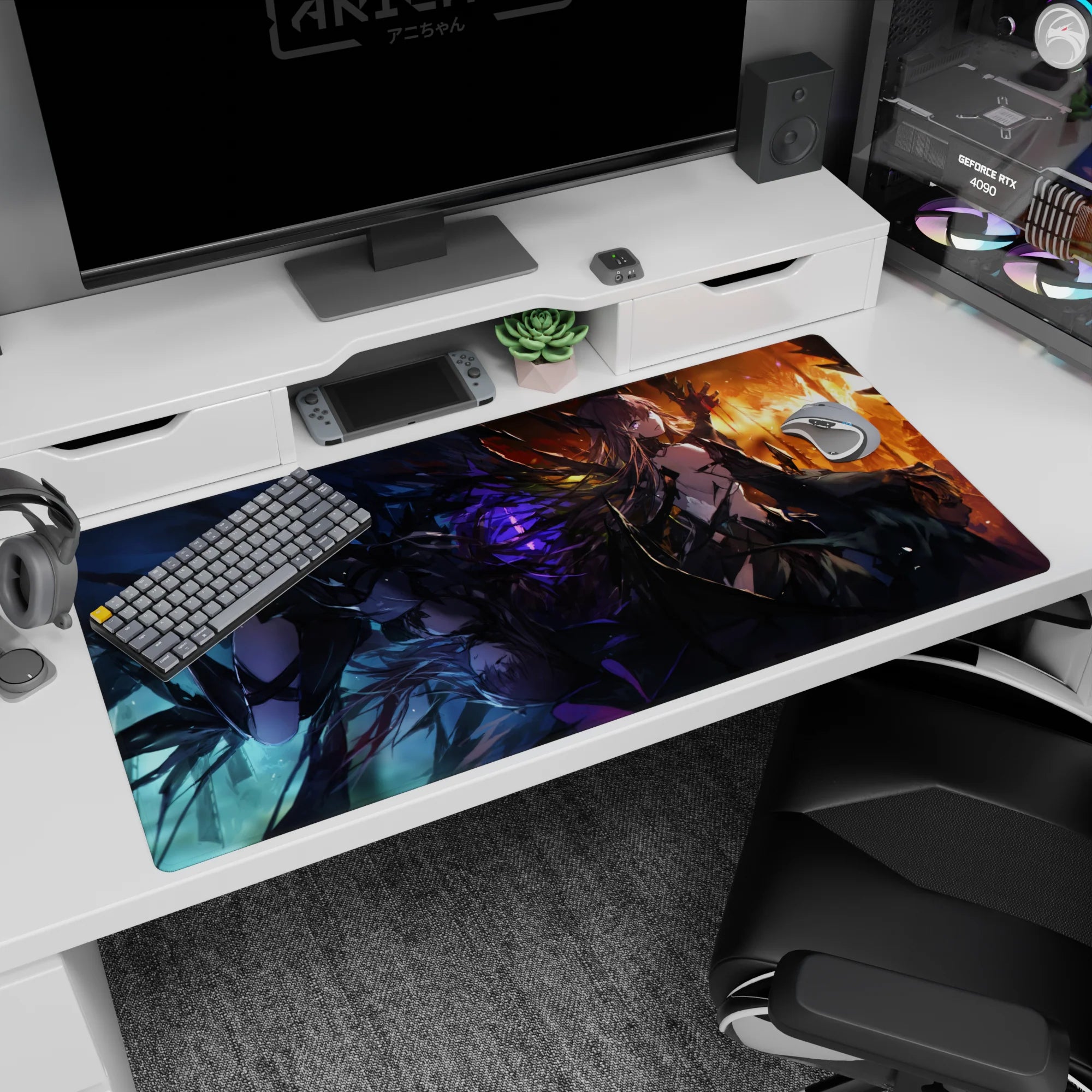Fallen-angel anime girl with sly smirk on desk pad 40x20 inches, fiery spell-like backdrop and shards.
