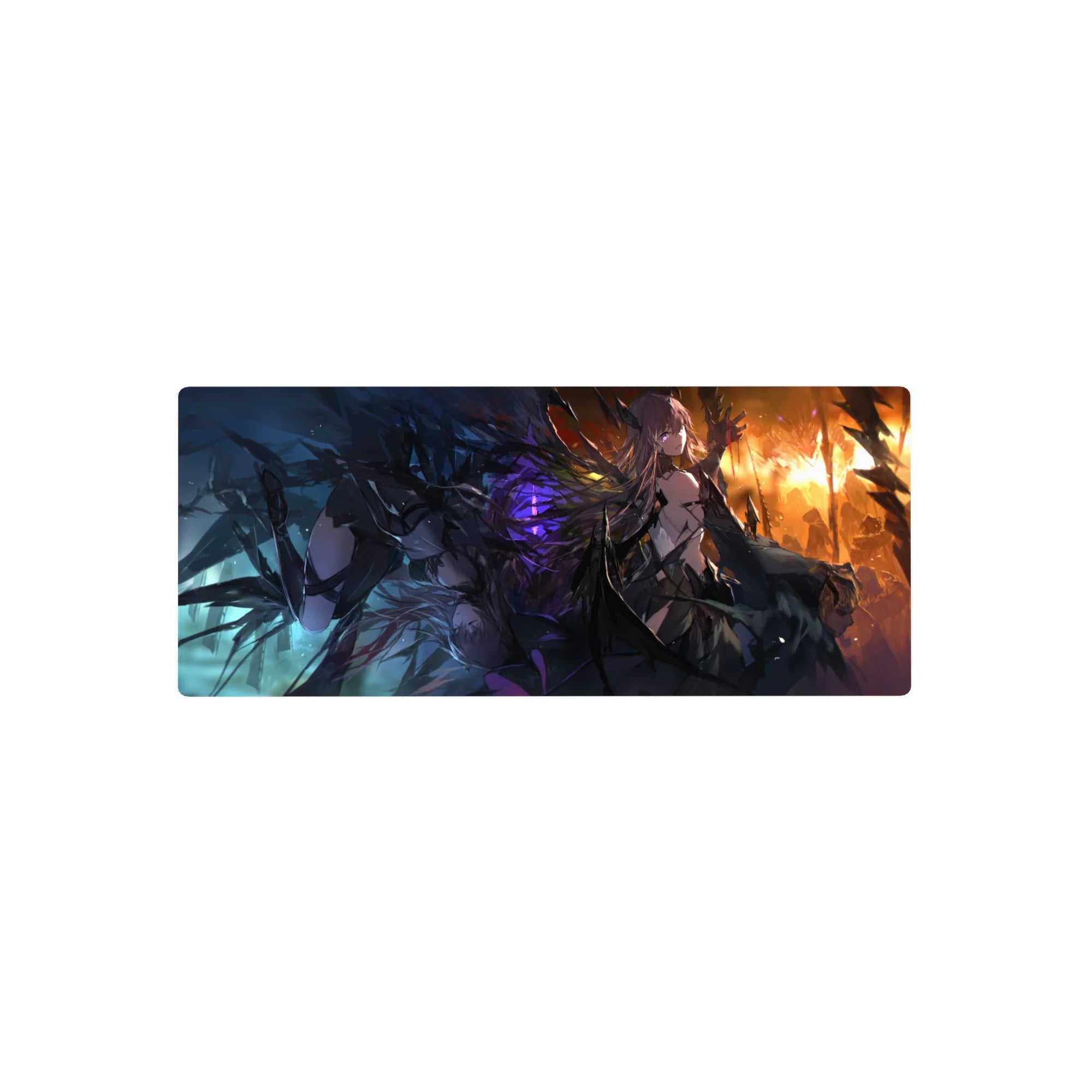 Dark glam fallen-angel anime girl mouse pad with jagged wings and sharp armor, 28x12 inches.