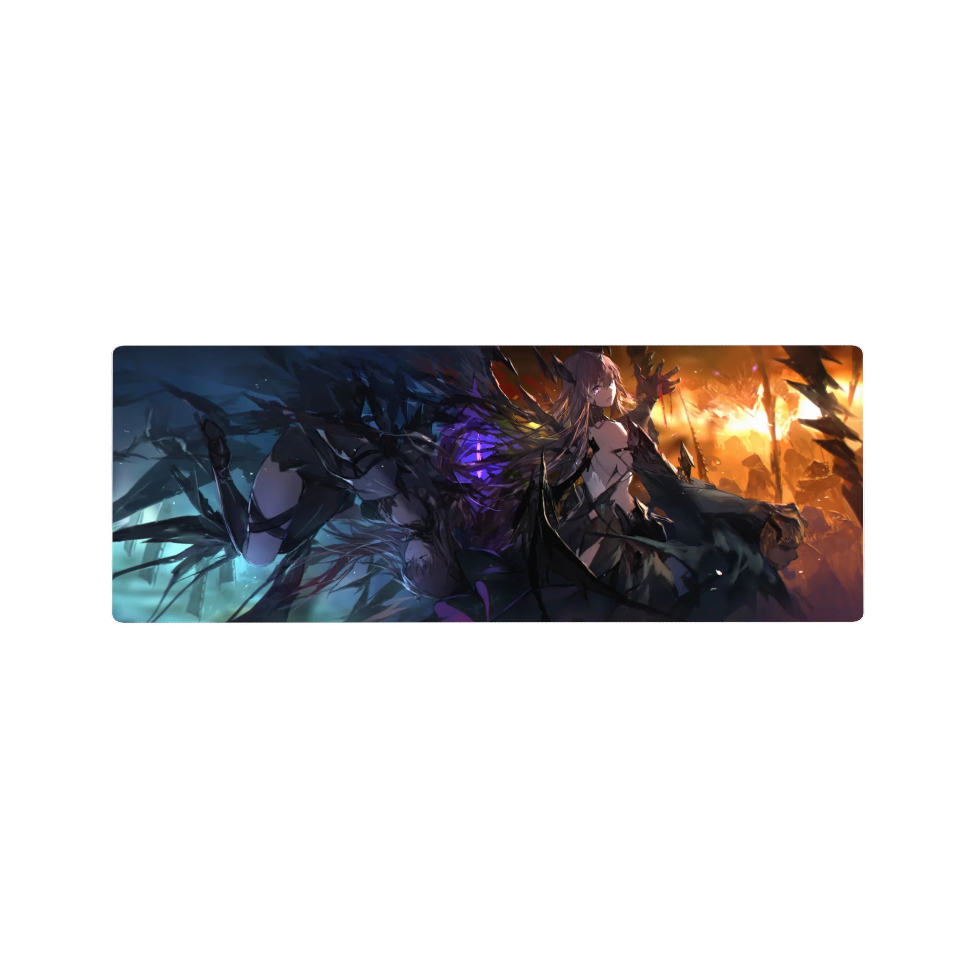 32x12 inches anime girl mouse pad with jagged wings, sharp armor lines, and dark glam style.