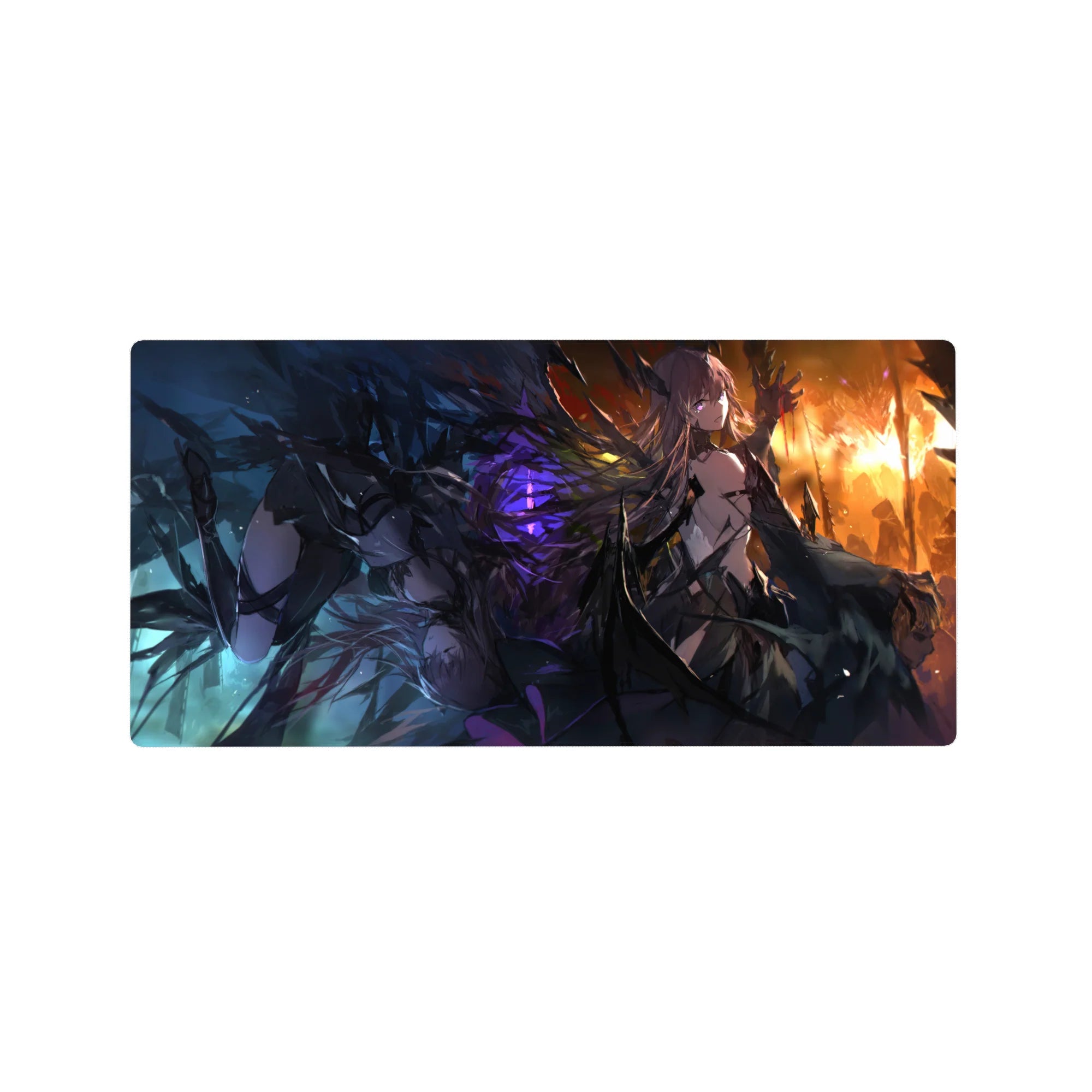 Anime girl mouse pad 32x16 inches with jagged wings, sharp armor, and molten sunset backdrop.