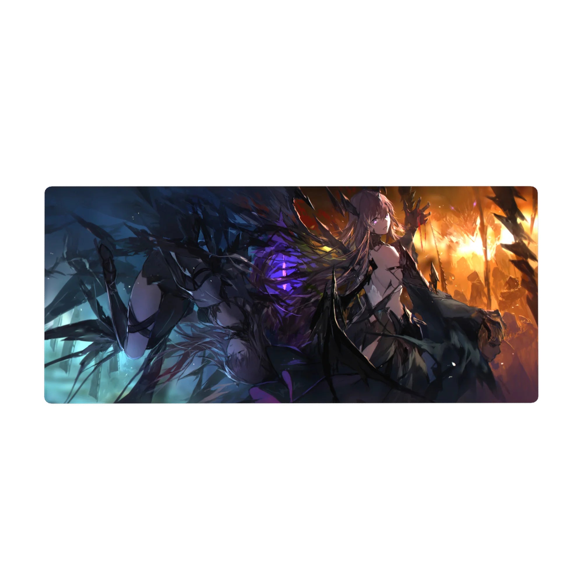 Dark glam anime girl desk pad 36x16 inches with jagged wings, sharp armor, and molten sunset backdrop.