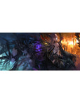 Dark glam anime girl desk pad 36x16 inches with jagged wings, sharp armor, and molten sunset backdrop.
