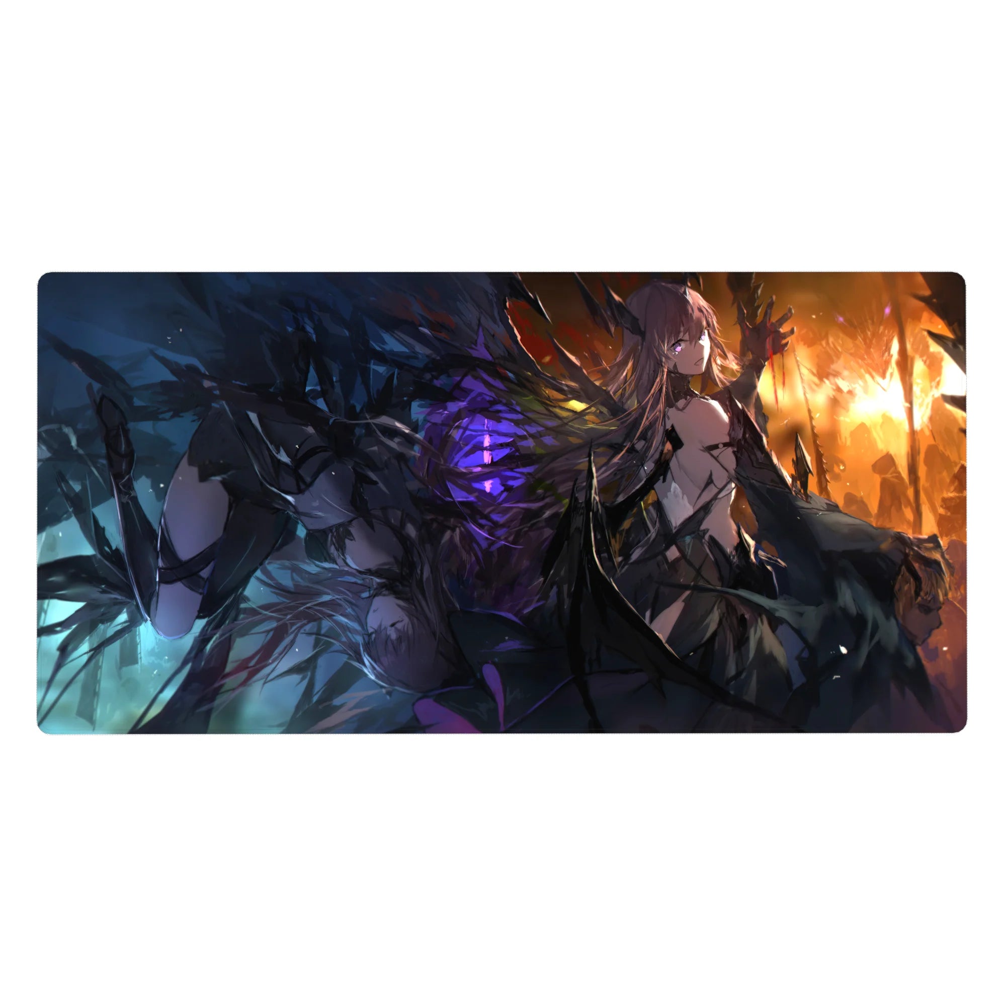 Anime girl desk pad 40x20 inches with jagged wings, sharp armor lines, and dramatic fantasy artwork.