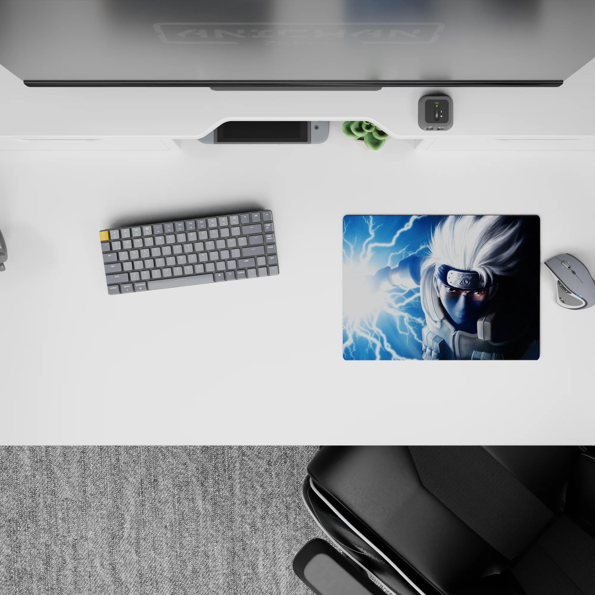 Electric blue and white lightning anime mouse pad 14x10 inches with a cool, thunder-charged vibe.