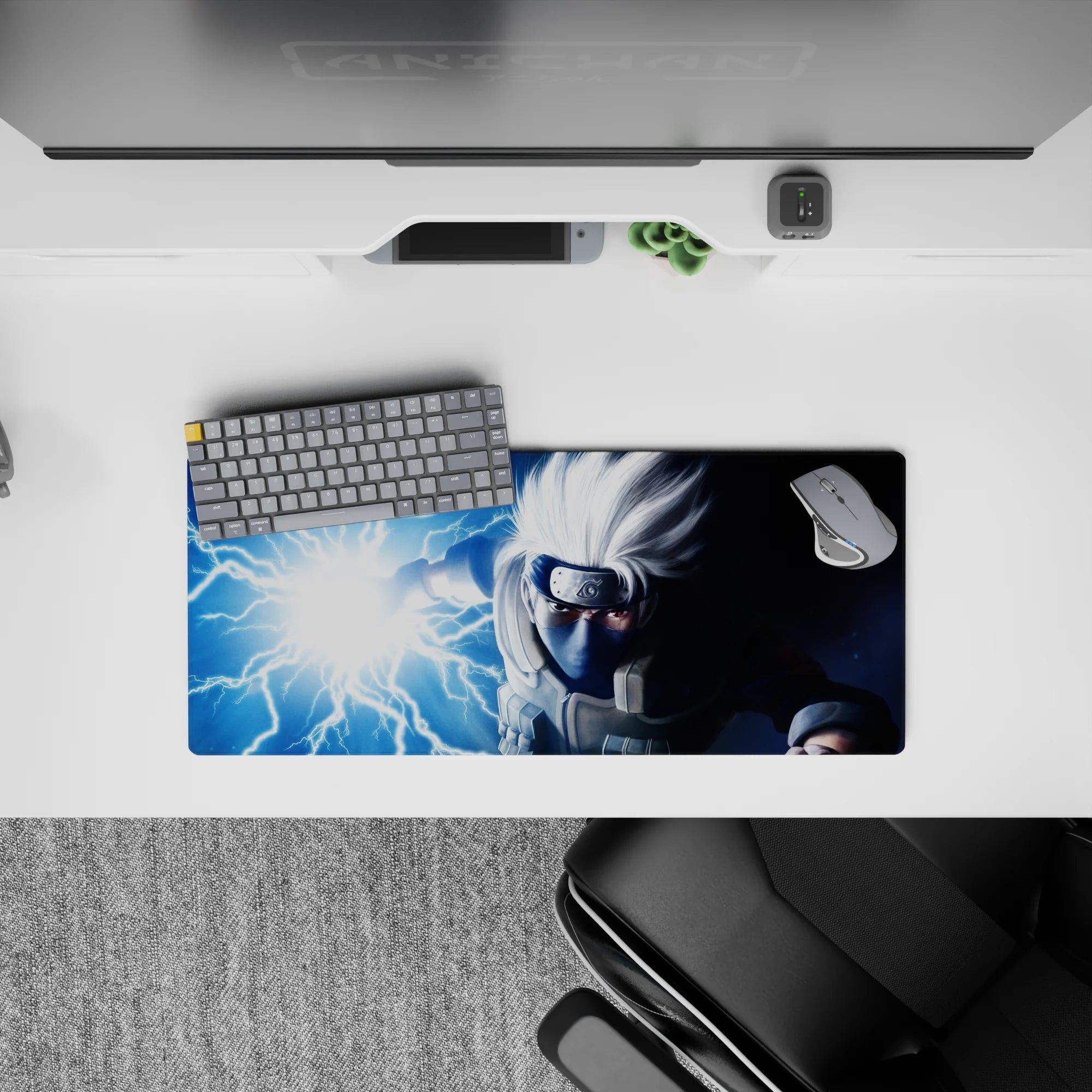 28x12 inches anime mouse pad in cold blues with electric white bolts, thunderous energy, smooth tracking.