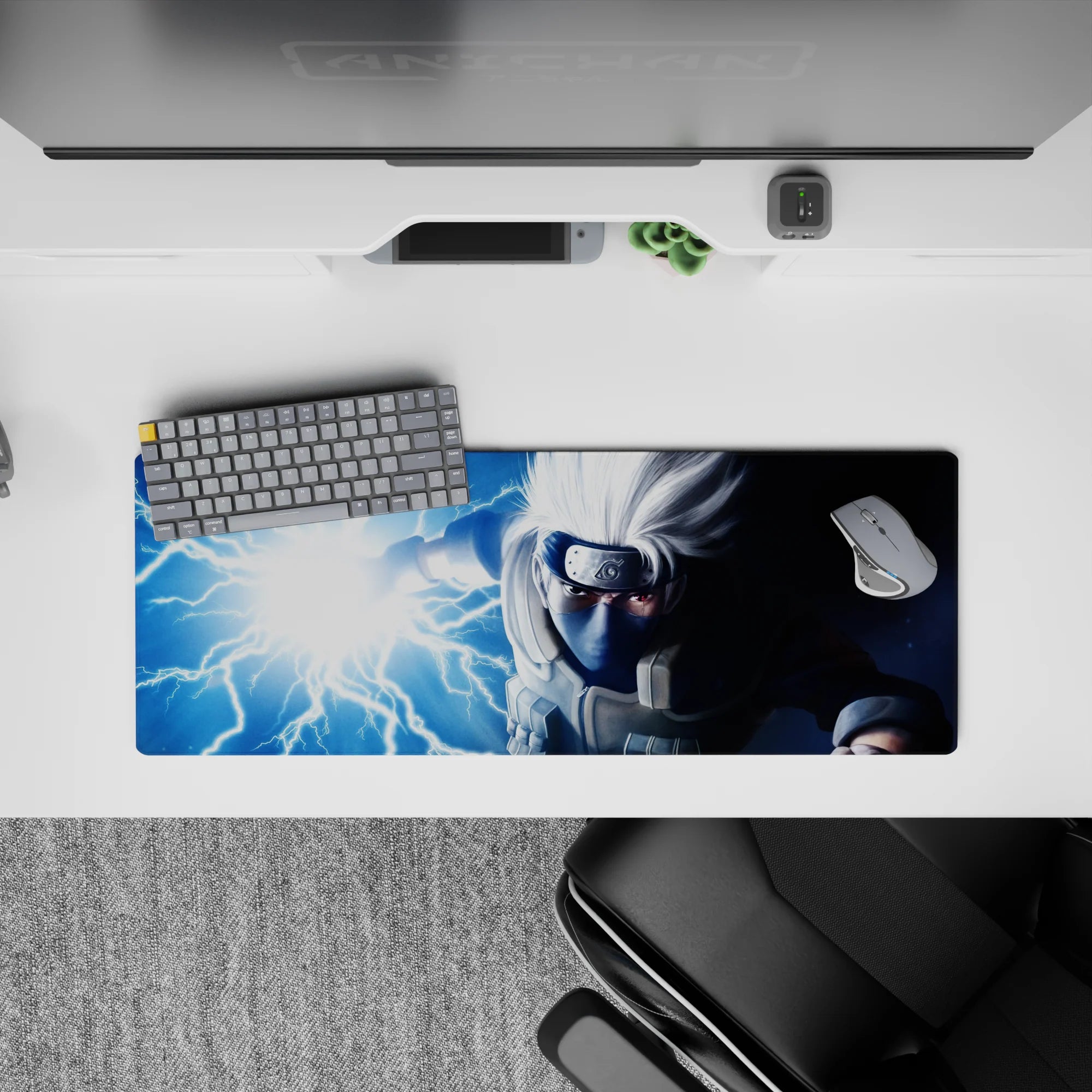 Anime mouse pad 32x12 inches in cold blues with electric white Chidori bolts for a high-energy vibe.