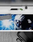 36x16 inches extended anime mouse pad in cold blues and electric white, thunderbolt energy background.