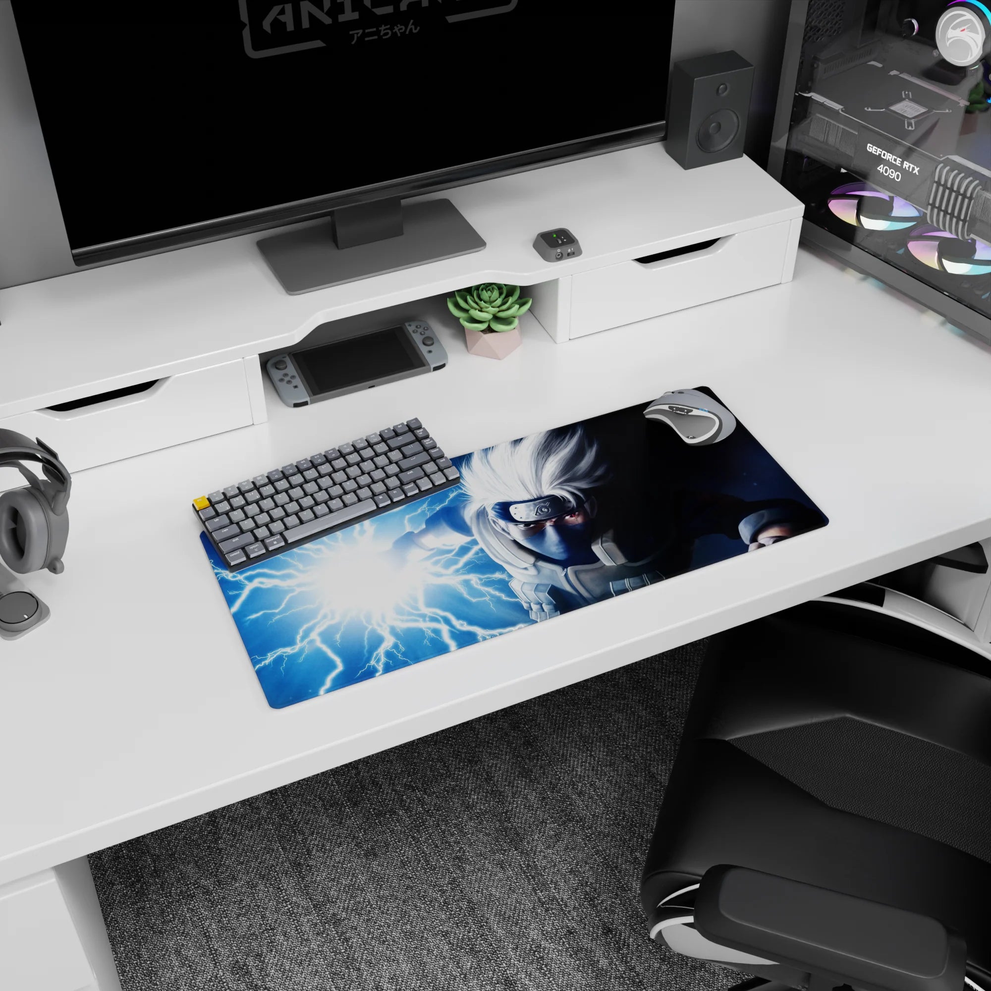 28x12 inches Naruto mouse pad featuring Kakashi Hatake dashing forward, Sharingan stare and crackling Chidori.