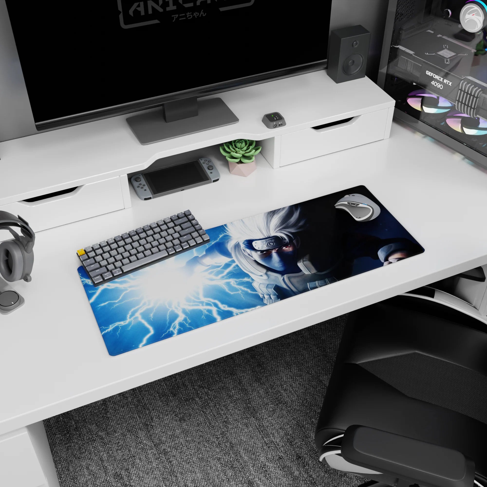 Naruto Kakashi Hatake Chidori scene anime mouse pad 32x12 inches, Sharingan glare and silver hair.