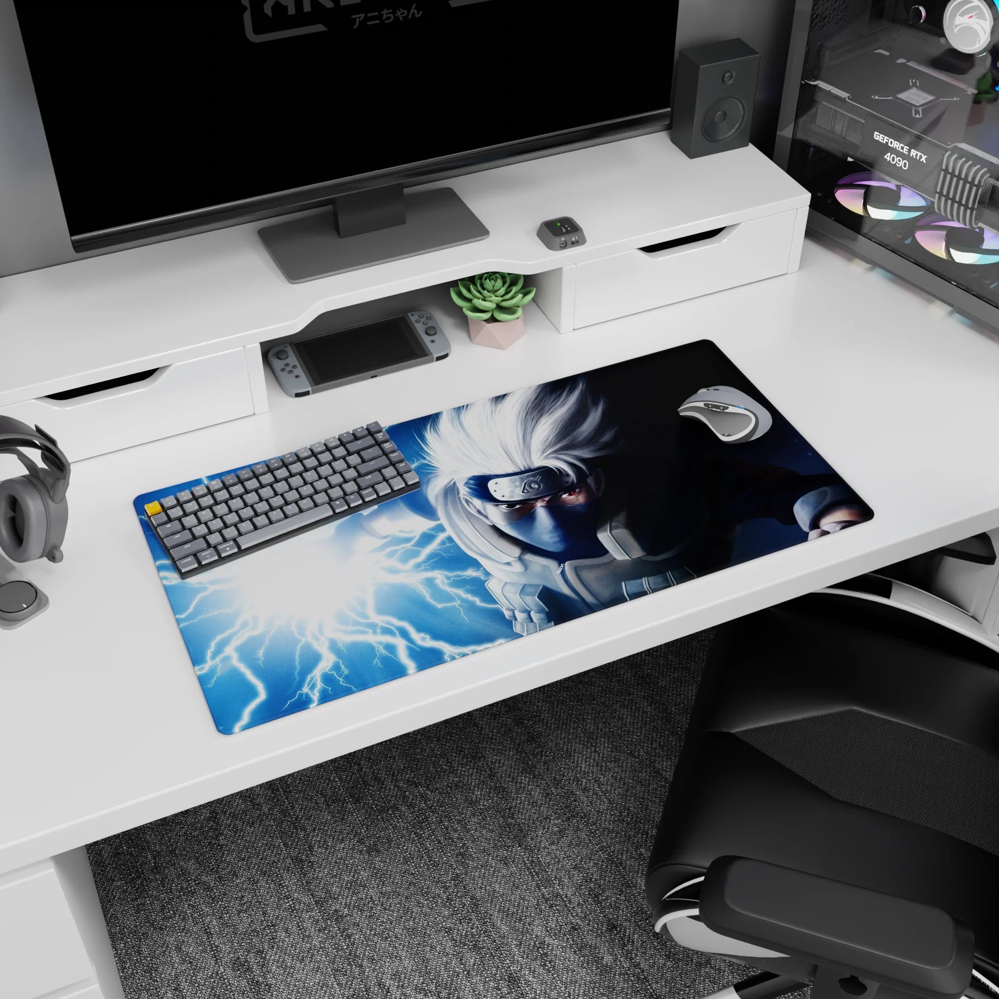 32x16 inches Naruto mouse pad showing Kakashi Hatake charging Chidori, Sharingan glare, silver hair.