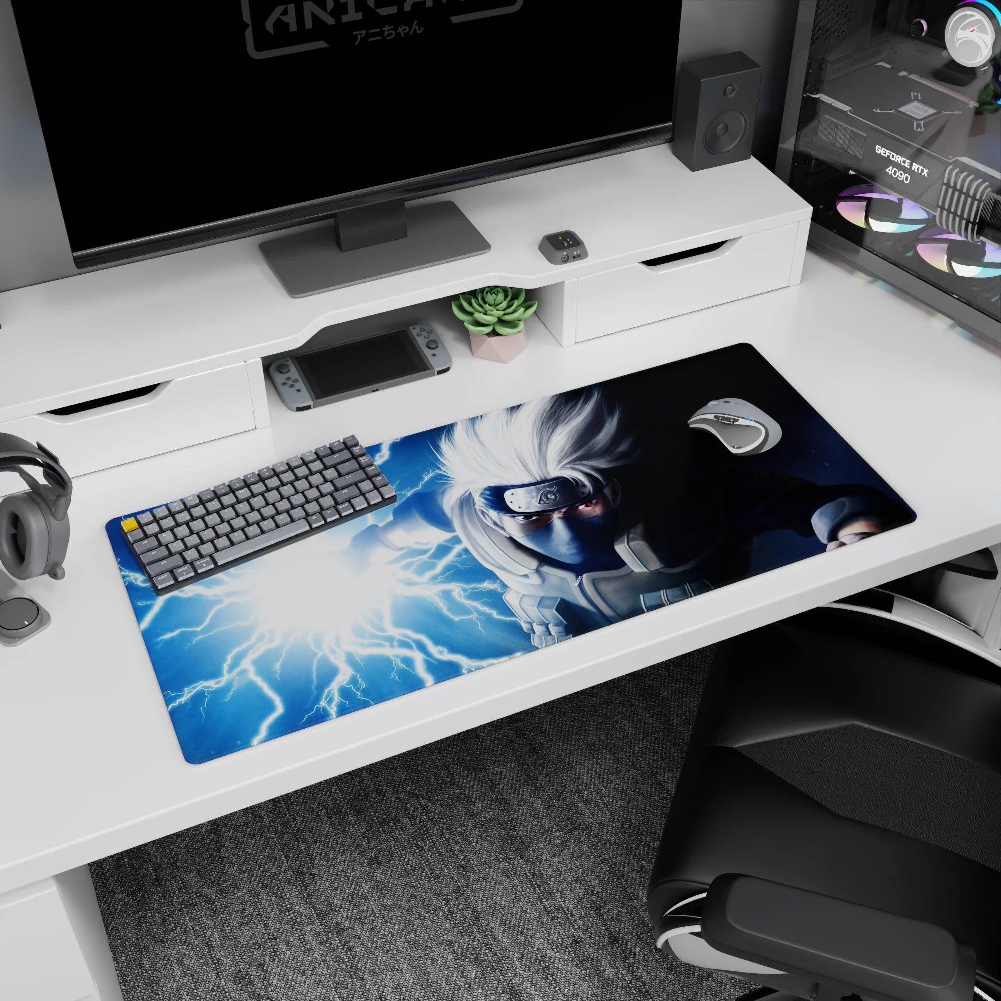 36x16 inches Naruto desk mat showing Kakashi dashing with Sharingan glare and crackling Chidori.